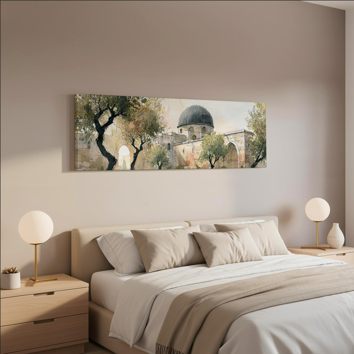 Old stone dome in a sketch style wide panoramic canvas print above a bed in a neutral bedroom