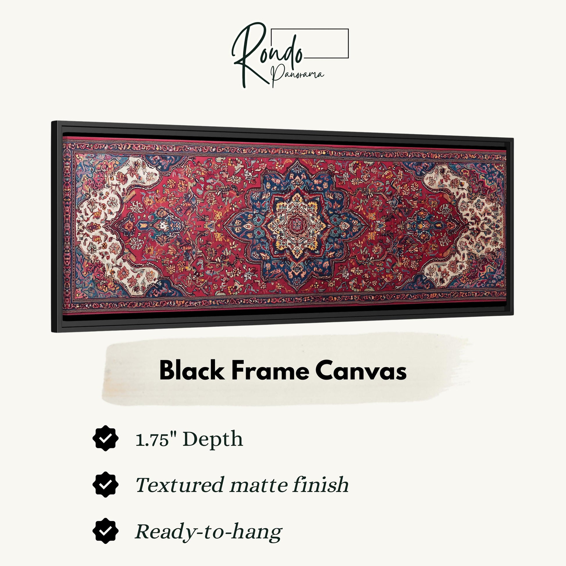 a large, intricately designed rug with a black frame. The rug has a depth of 1.75" and is described as a "Textured matte finish" and "Ready-to-hang".