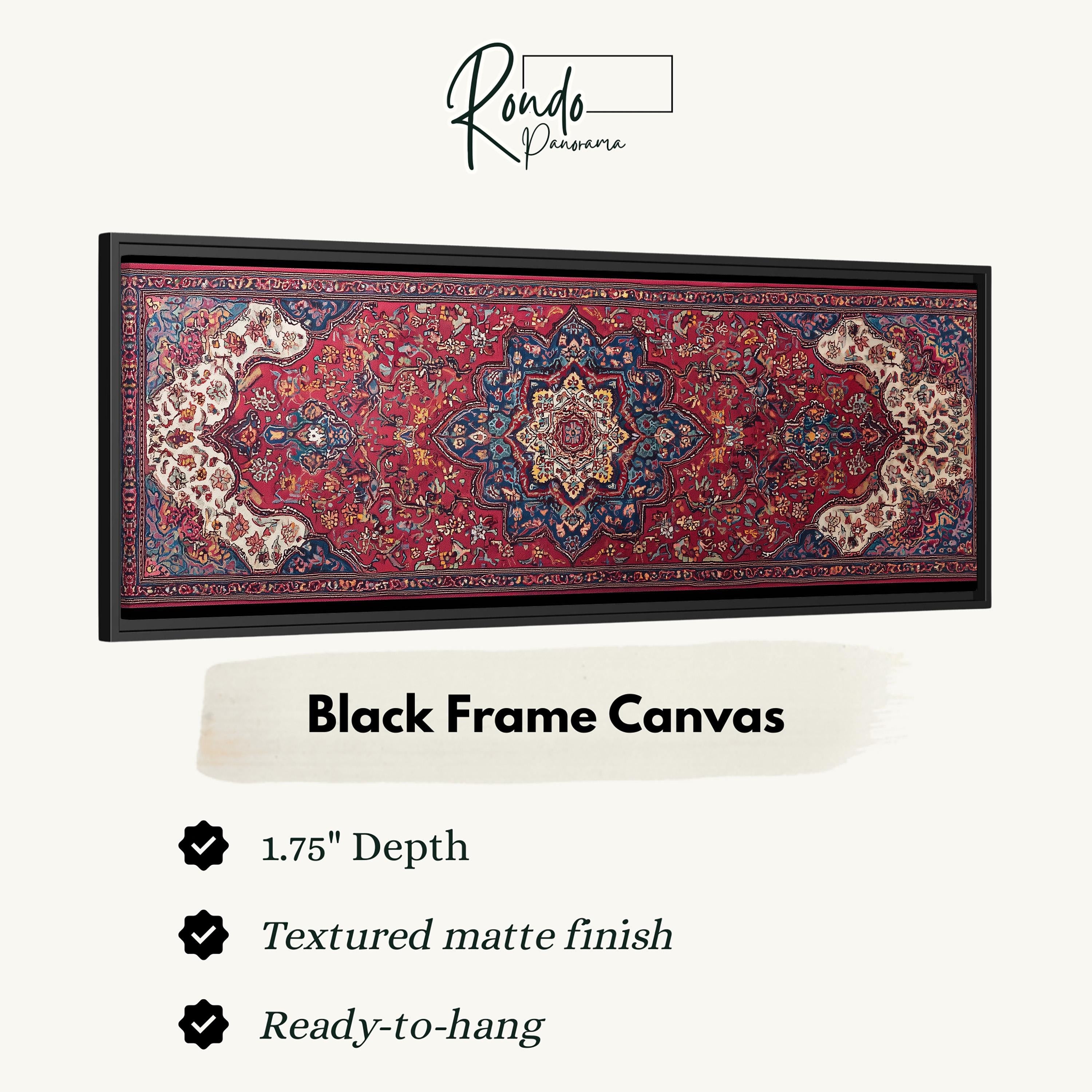 a large, intricately designed rug with a black frame. The rug has a depth of 1.75" and is described as a "Textured matte finish" and "Ready-to-hang".