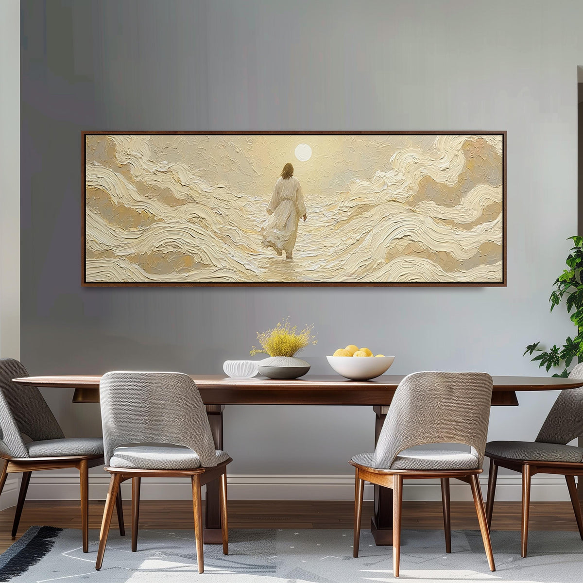 Jesus walking on golden waves long horizontal canvas print above a dining table