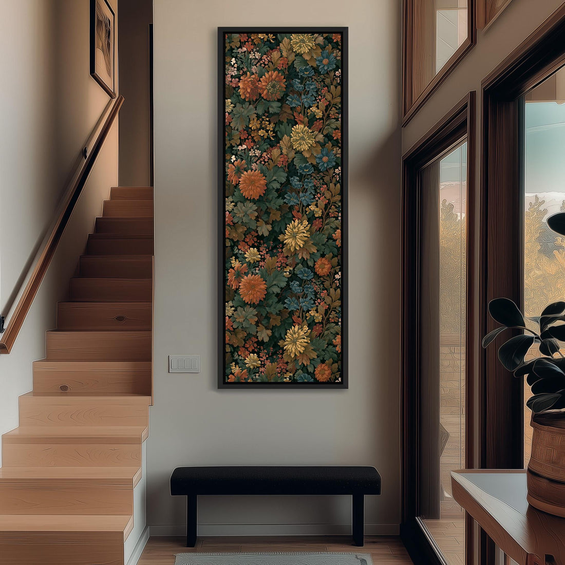 a large, colorful floral painting hanging on a wall in a room with a wooden cabinet below it.