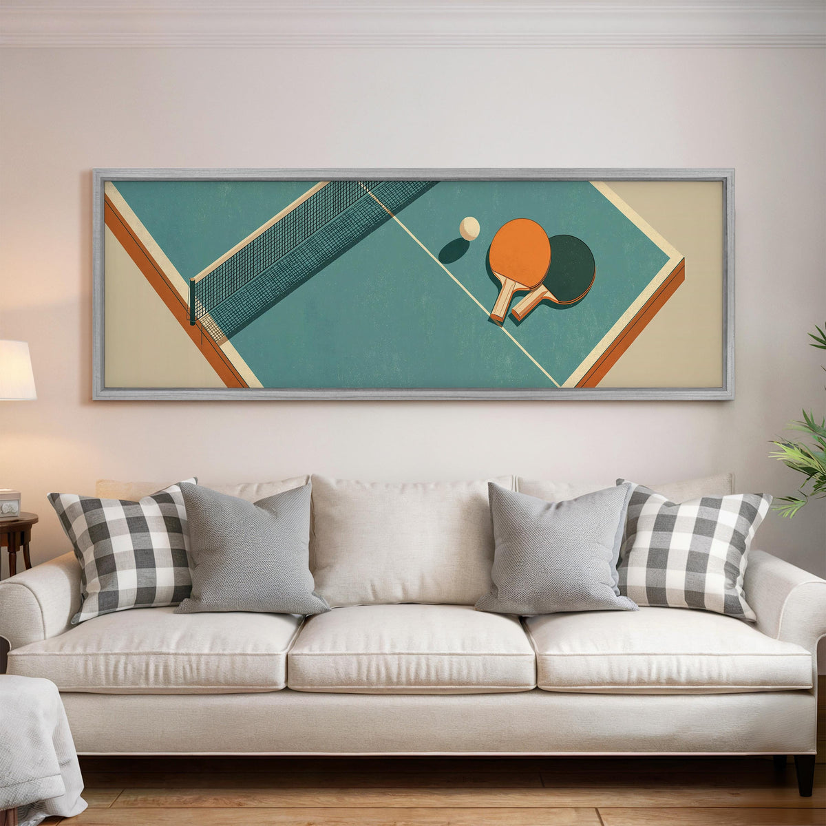 Retro ping pong table wide panoramic canvas print above a bed in a bedroom