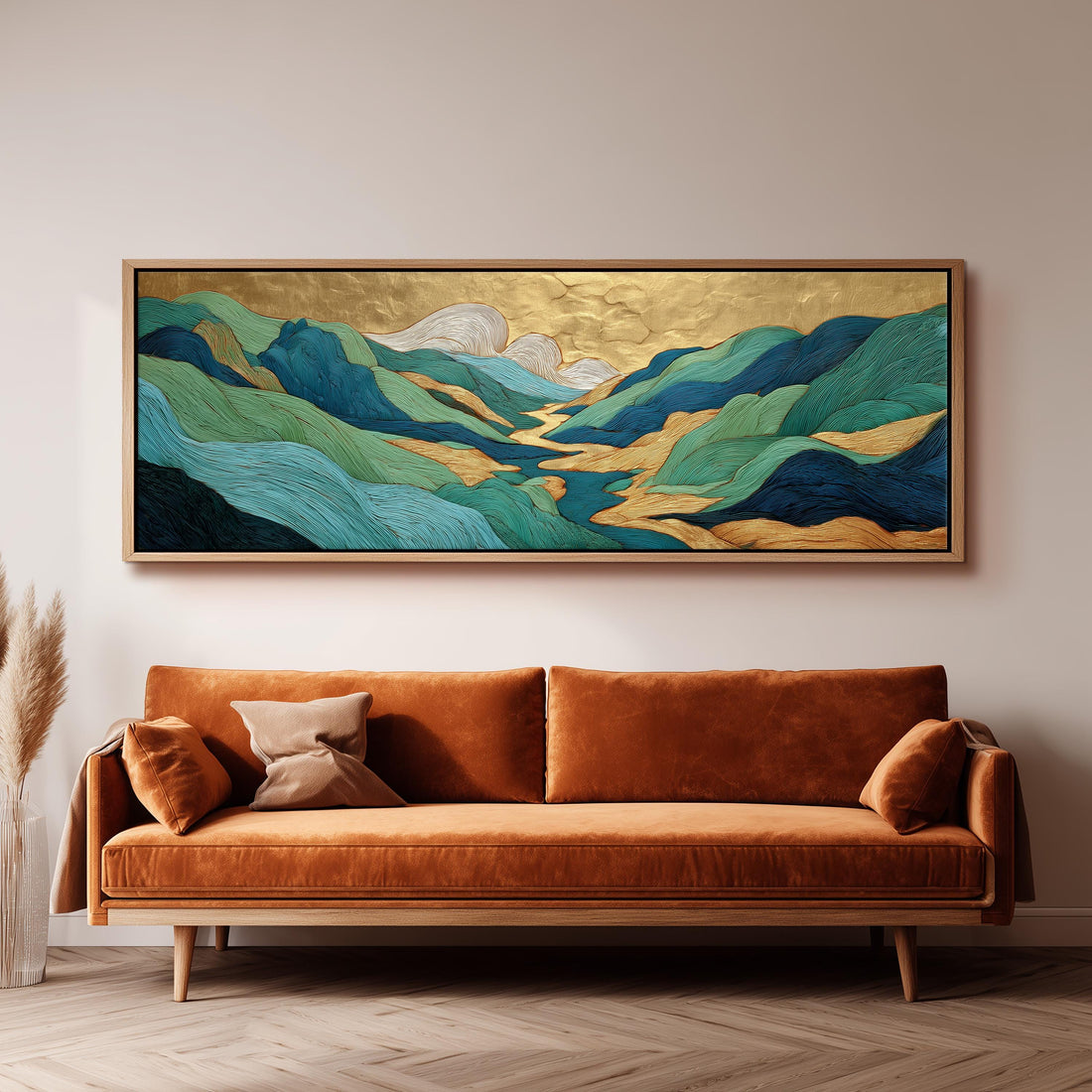 a large, colorful painting of mountains hanging on a wall above a brown sofa.