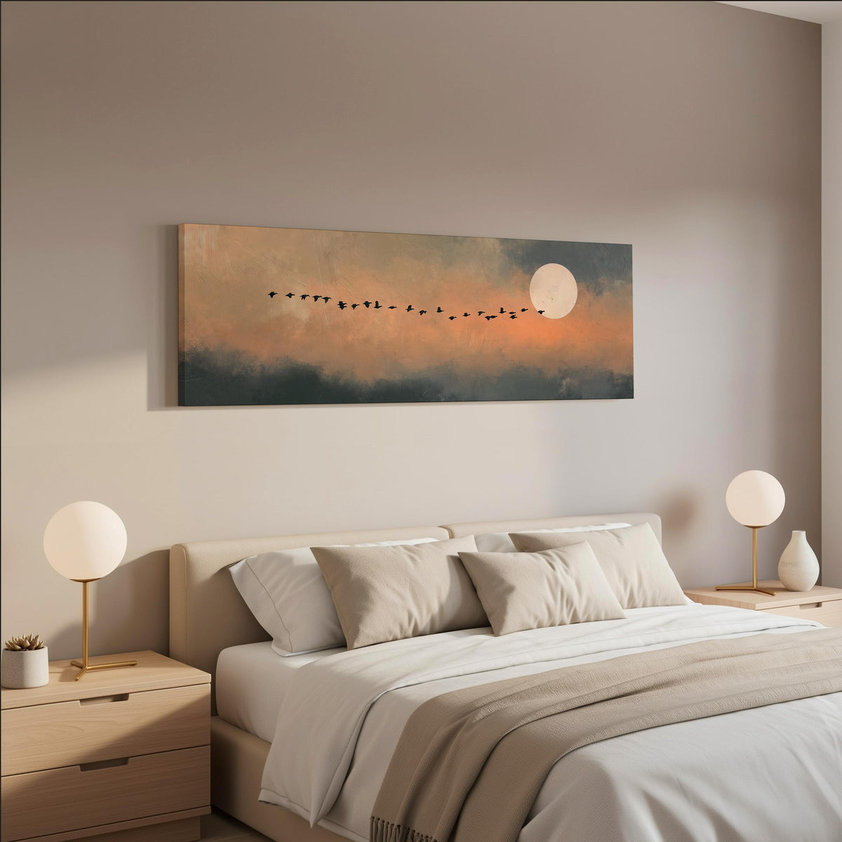 Geese flying toward the moon at twilight wide panoramic canvas print above a bed in a neutral bedroom