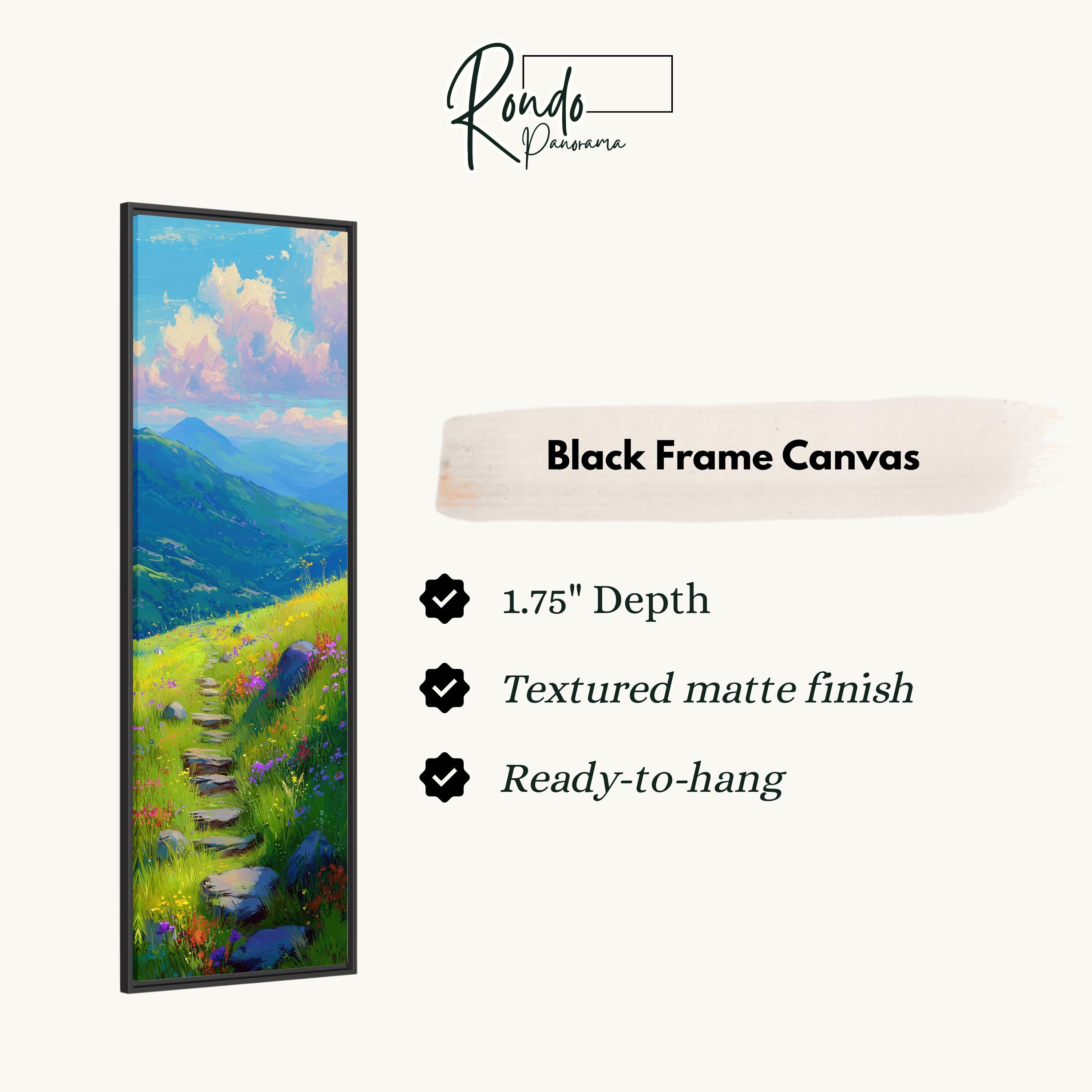 The image is a black frame canvas depicting a scenic landscape with a winding path leading through a grassy field with flowers.