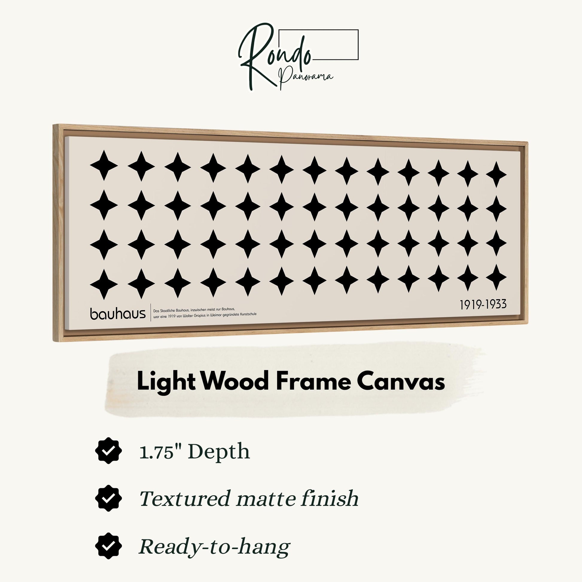 The image is a light wood frame canvas with a black star pattern, and it is described as a 1.75" depth canvas with a textured matte finish and a ready-to-hang feature.