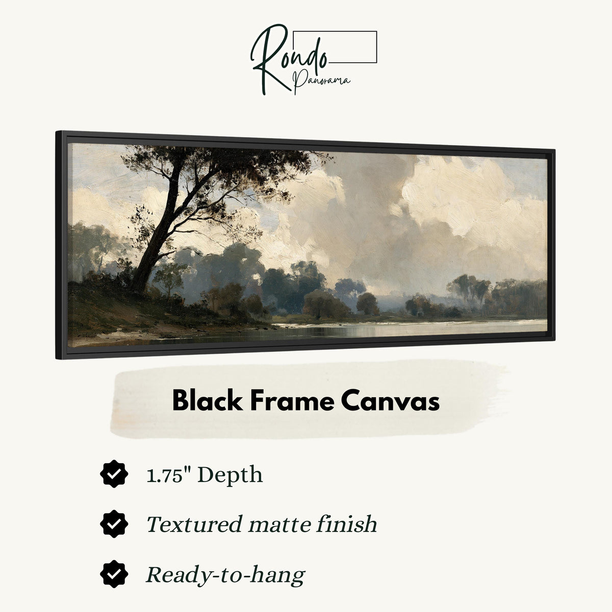 Misty river landscape in grey blue tones canvas print in a black floating frame