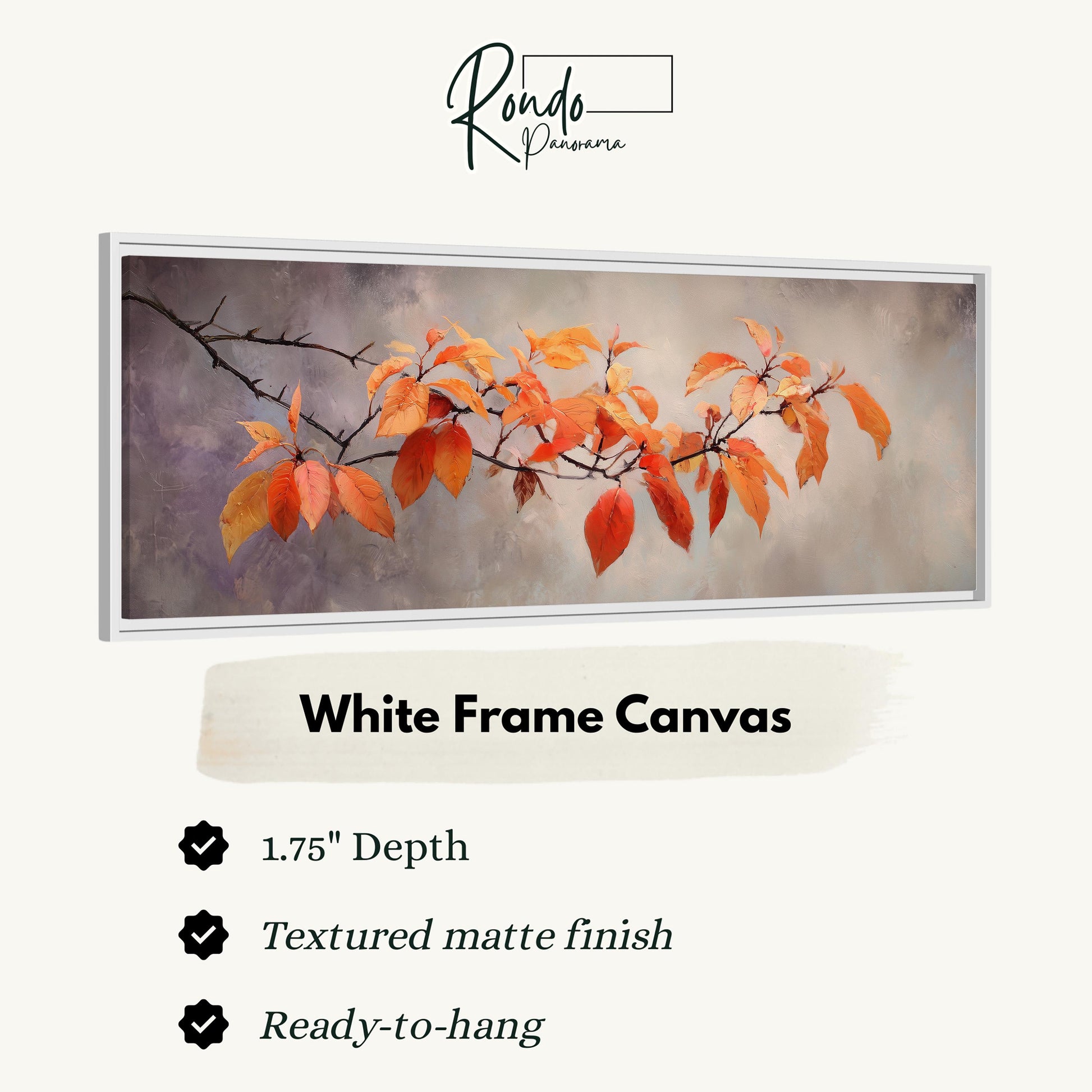The image is a white frame canvas featuring a painting of orange leaves on a branch.