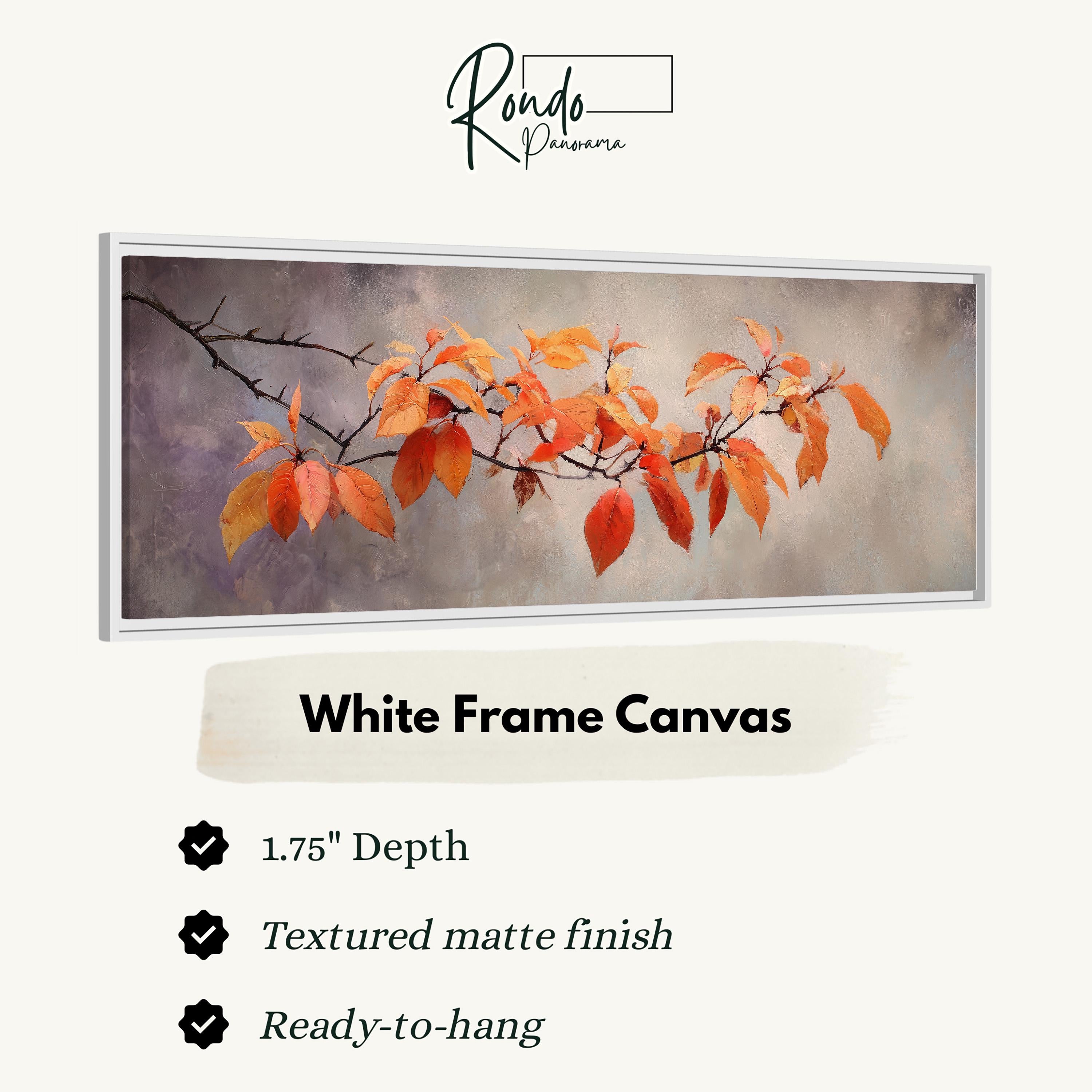 The image is a white frame canvas featuring a painting of orange leaves on a branch.
