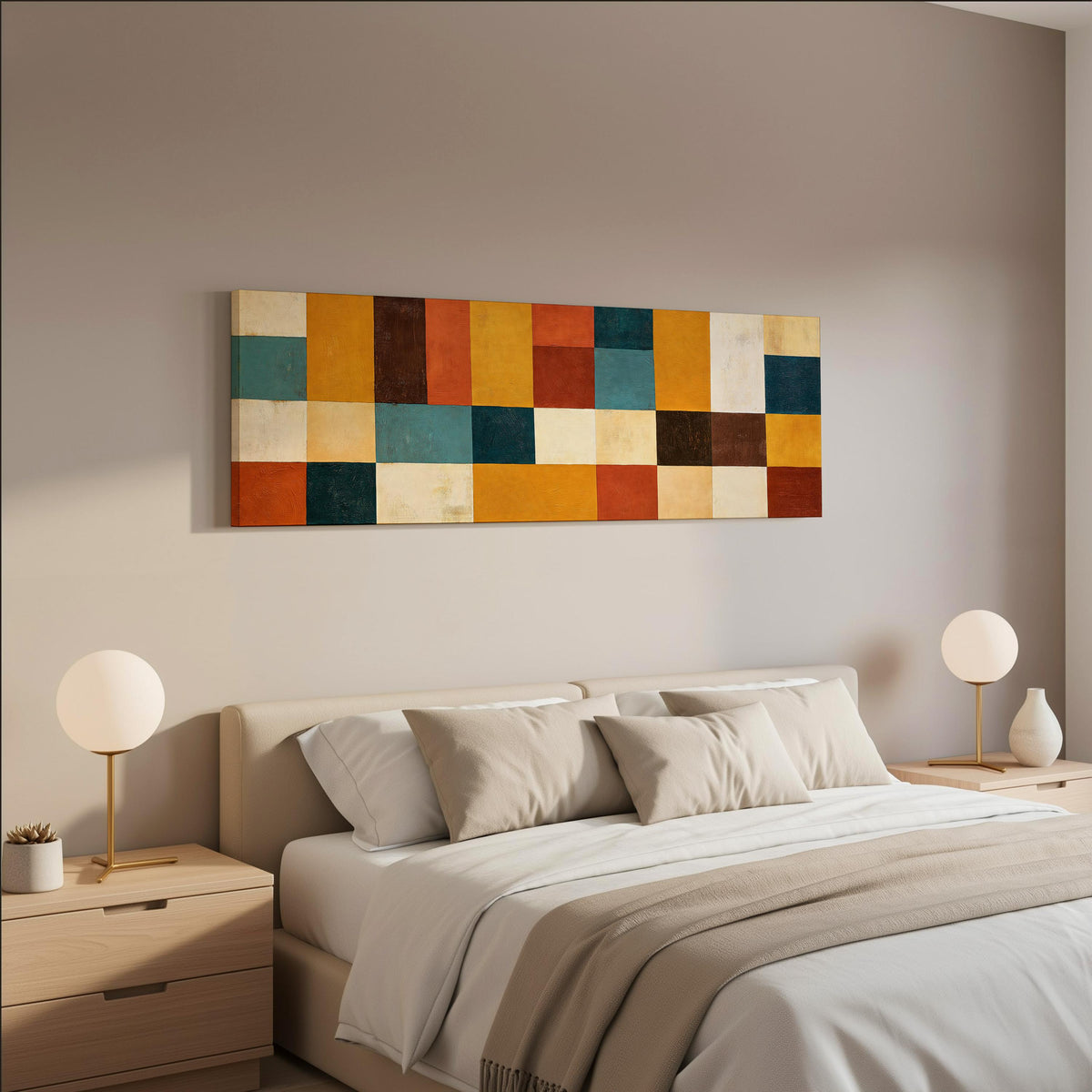 Ochre, rust and teal patchwork blocks wide panoramic canvas print above a bed in a neutral bedroom