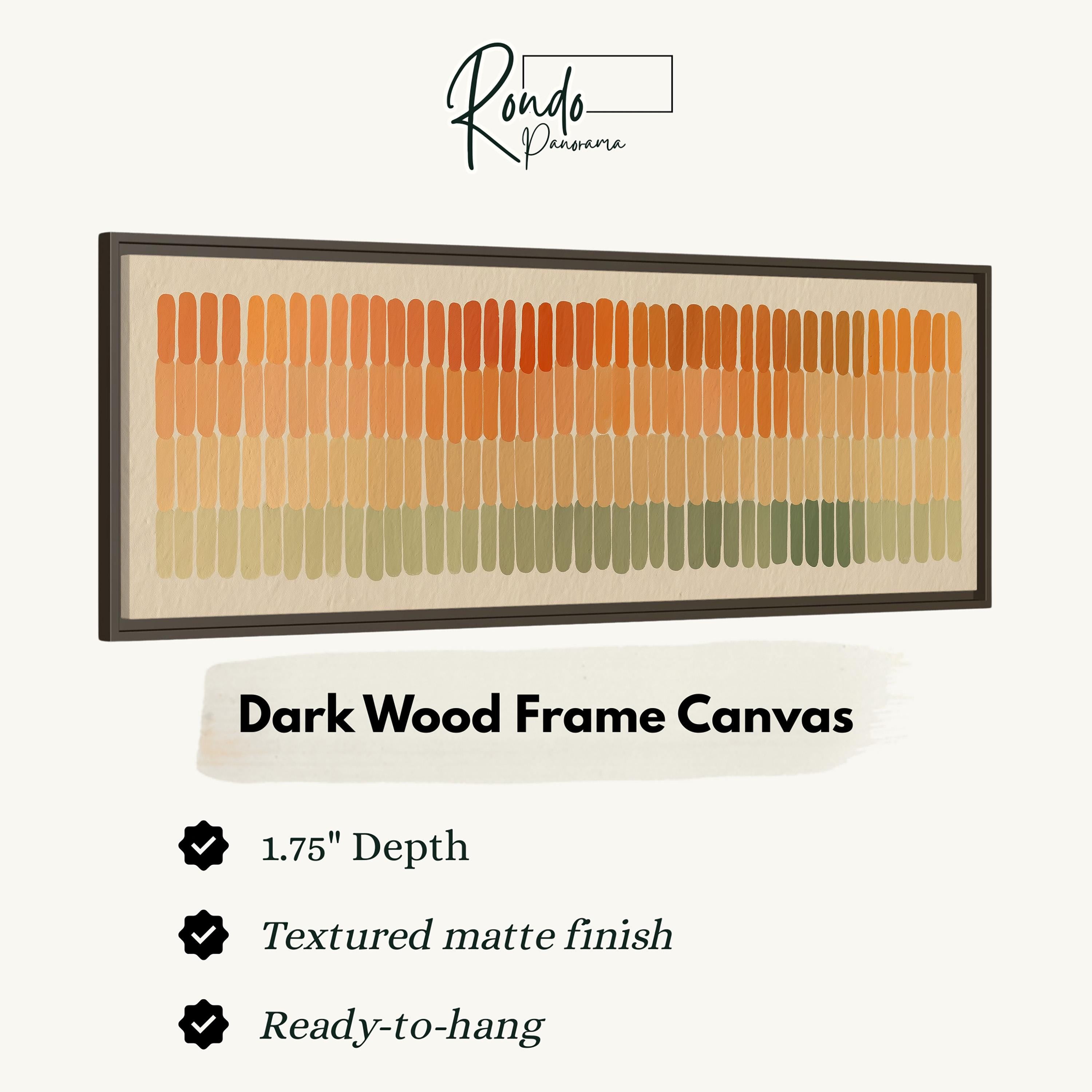 a dark wood frame canvas with a gradient of colors, including shades of orange, green, and brown. The frame has a 1.75" depth and is textured with a matte finish. It is ready to hang.