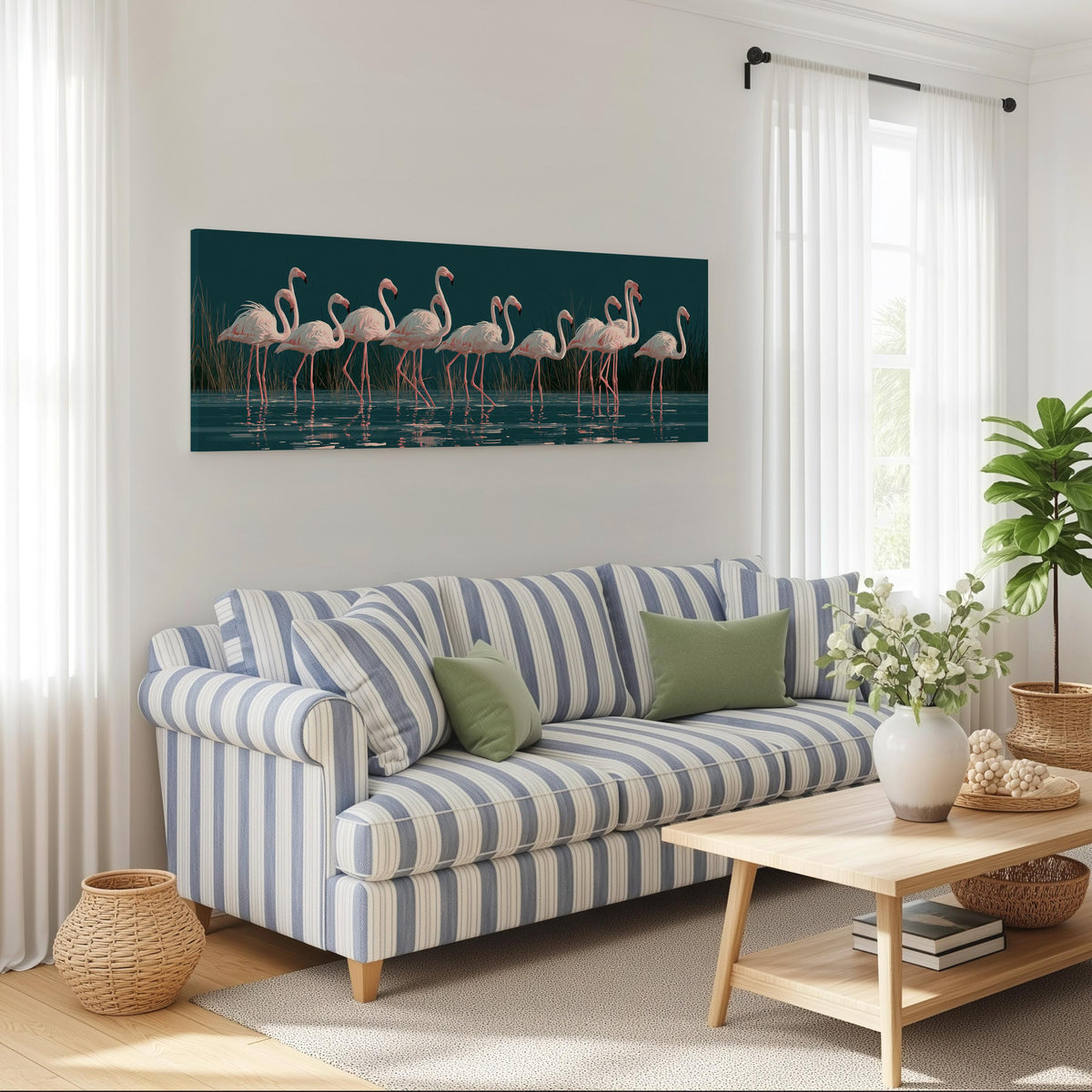 Blush pink flamingos on dark teal water long horizontal canvas print above a striped sofa in a coastal living room