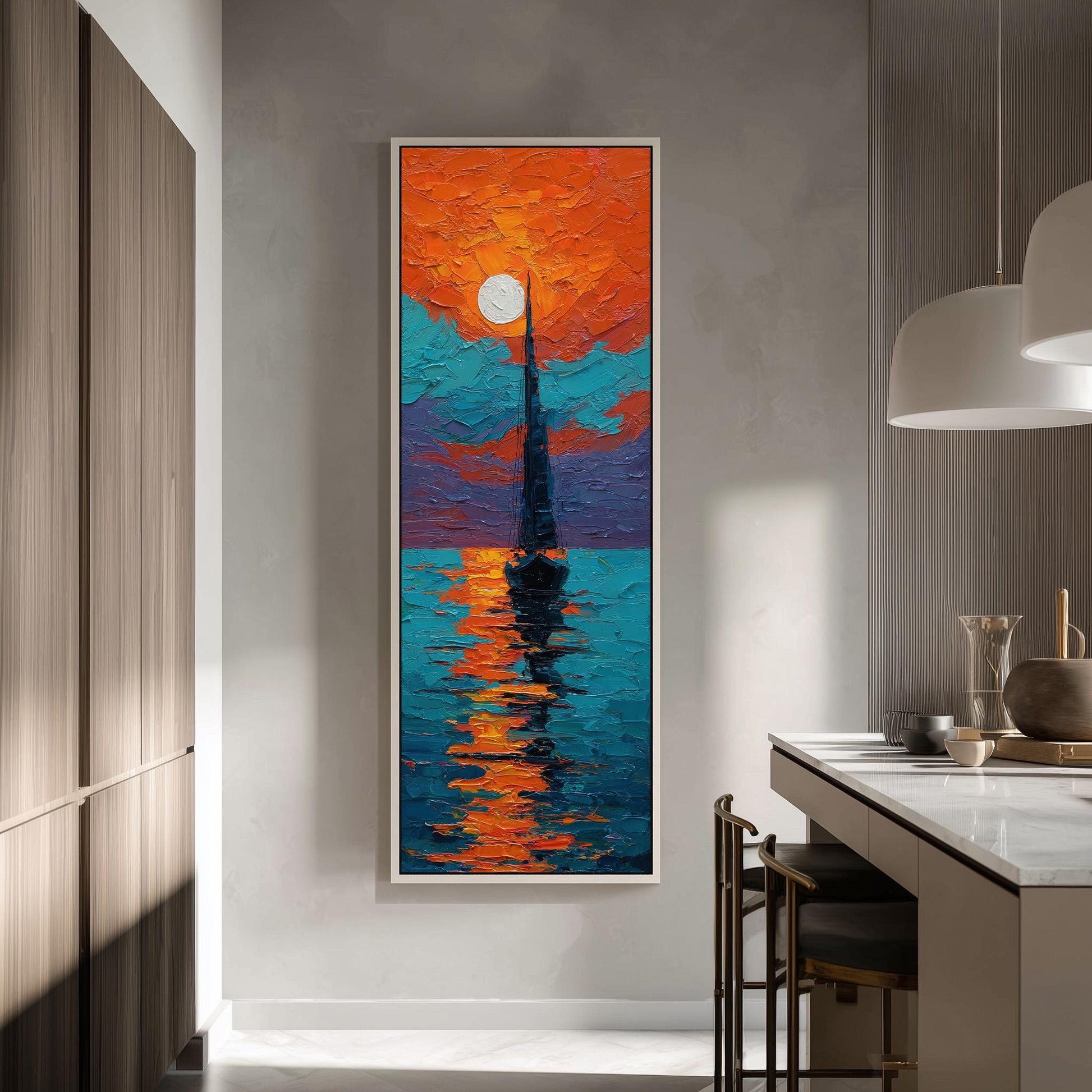 a large, colorful painting of a sailboat on the water, hanging on a wall in a modern kitchen.