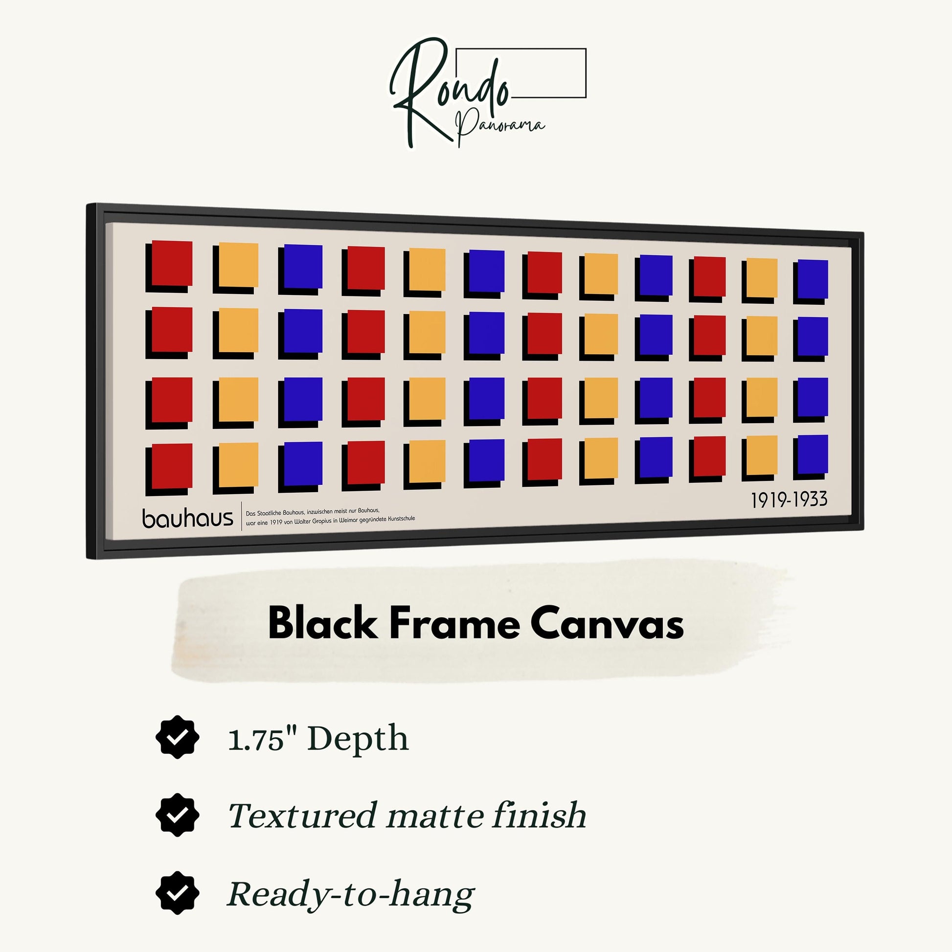 The image is a framed canvas with a black frame, featuring a repeating pattern of squares in various colors.