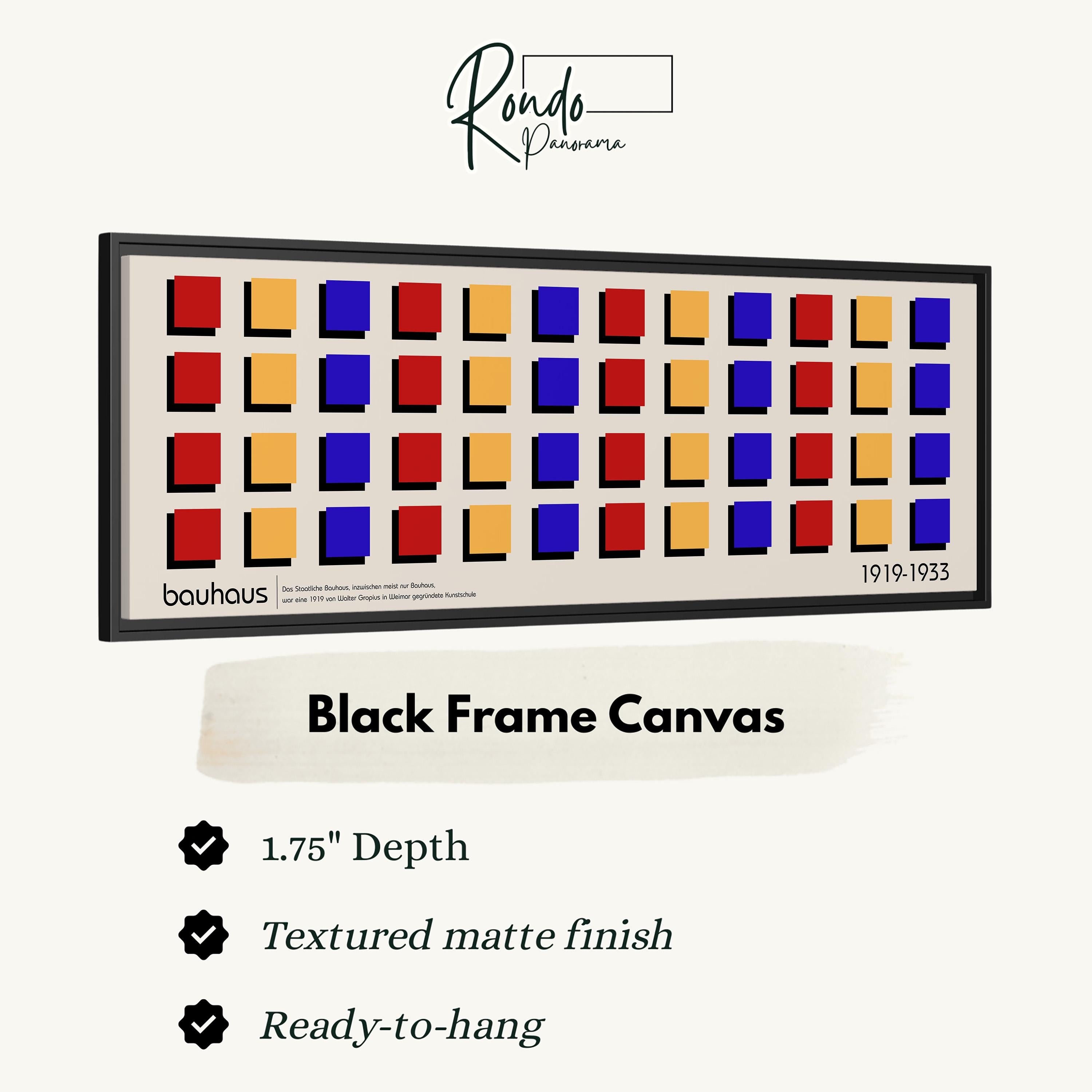 The image is a framed canvas with a black frame, featuring a repeating pattern of squares in various colors.