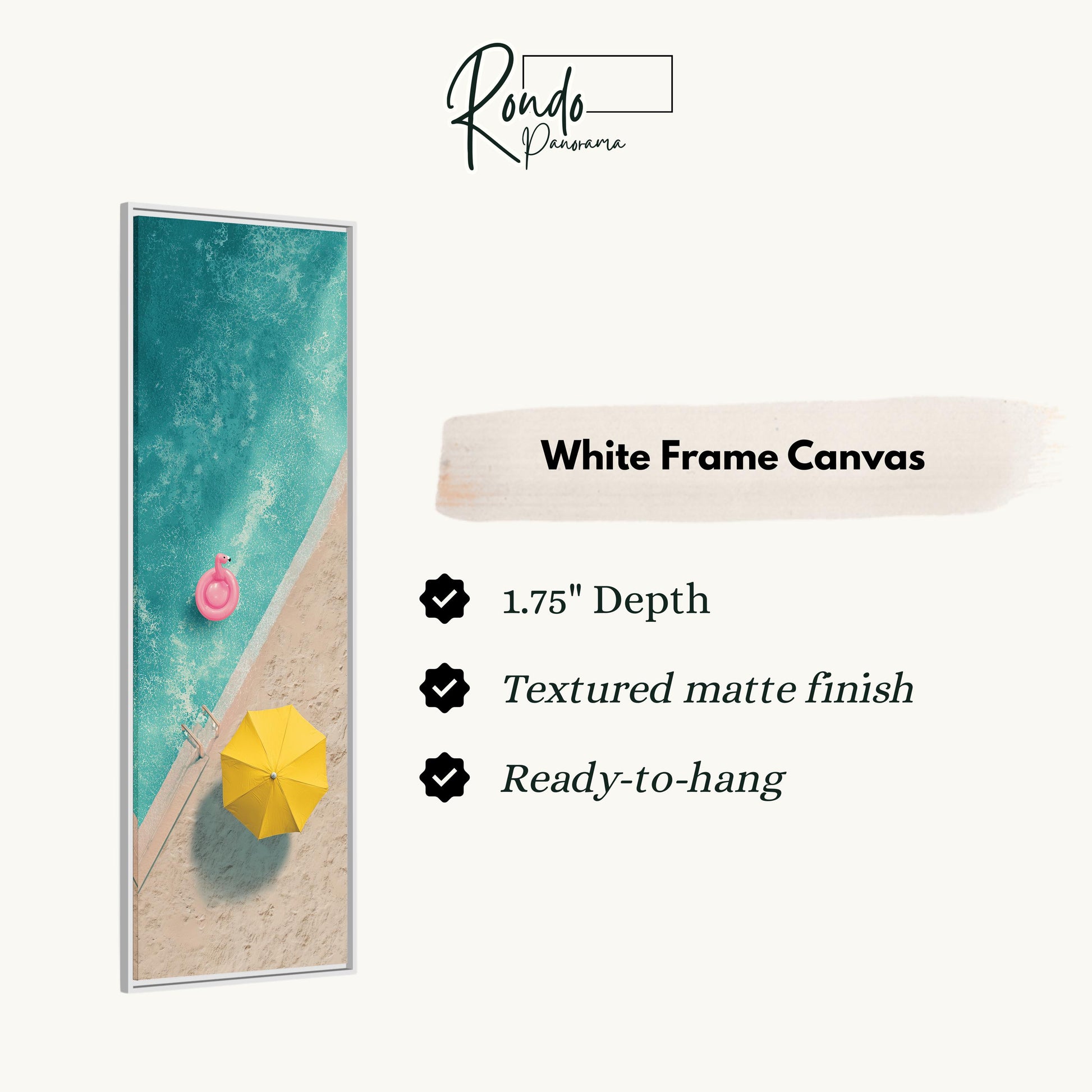 The image is a white frame canvas featuring a beach scene with a pink float and a yellow umbrella.