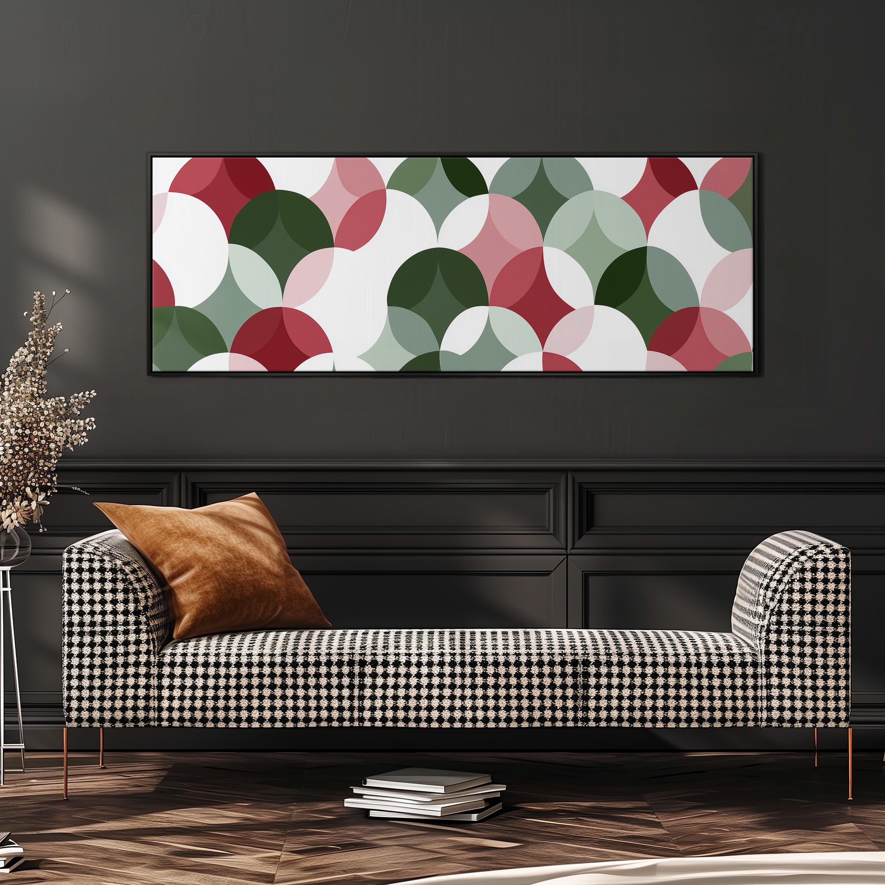 a modern living room with a black and white checkered sofa, a stack of books, and a large abstract painting on the wall.