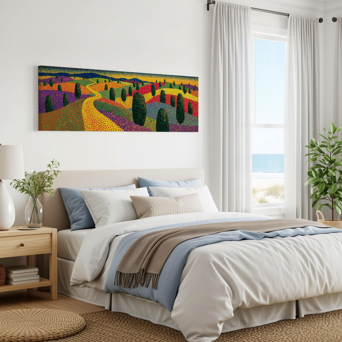 Colorful dotted garden with a winding path panoramic canvas print above a bed in a coastal bedroom