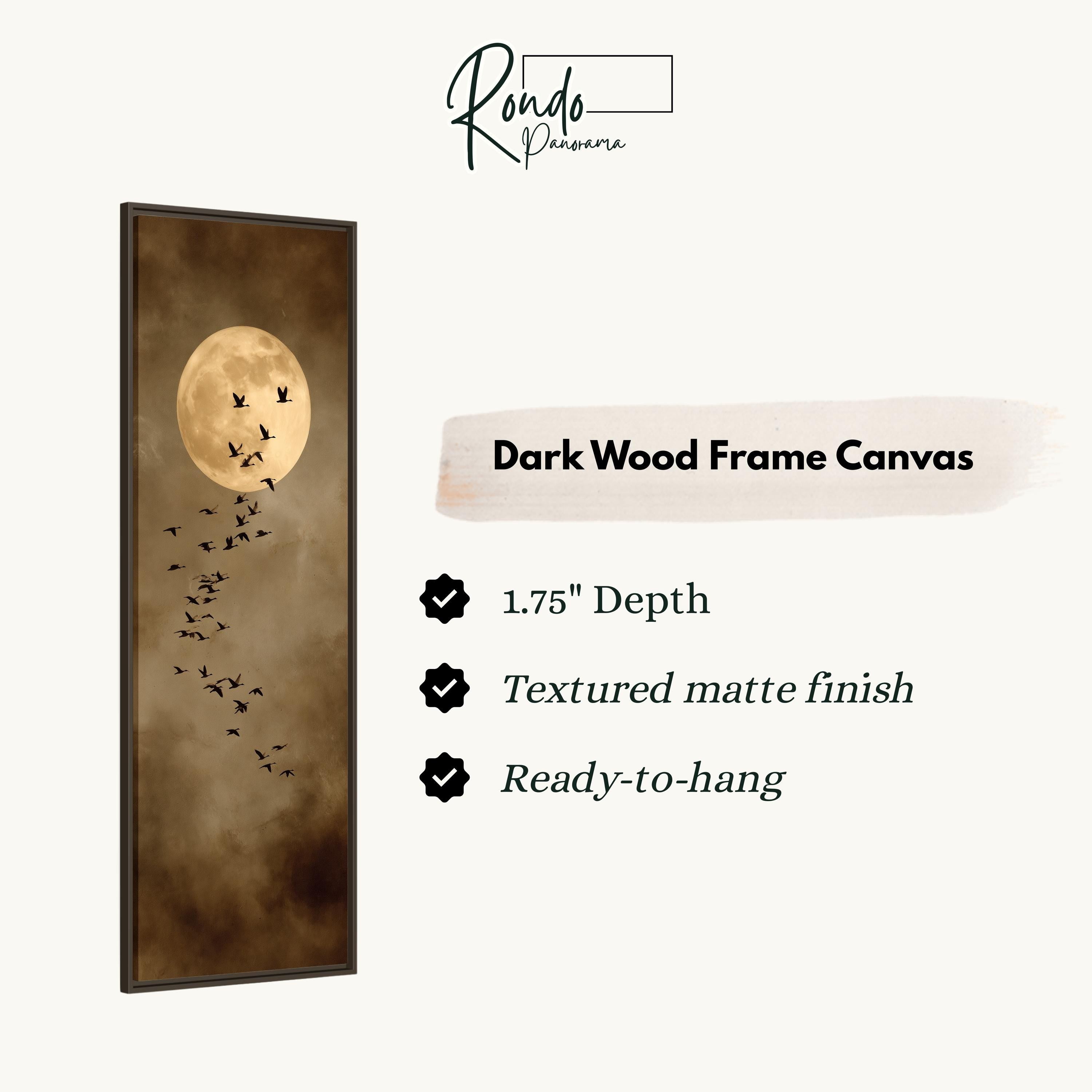 The image is a dark wood frame canvas featuring a large full moon and a flock of birds flying in the night sky.