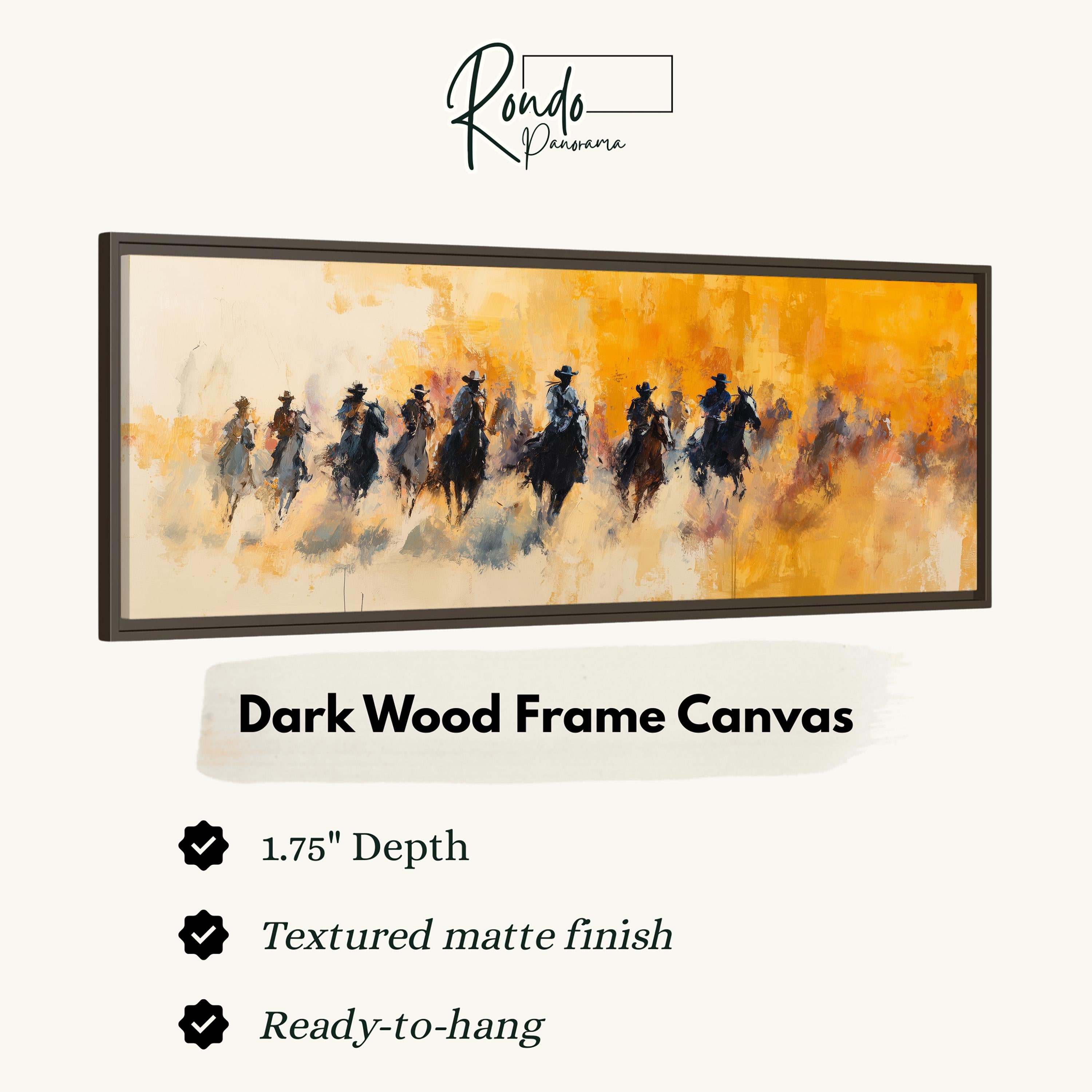 The image is a framed artwork depicting a group of people riding horses, with a dark wood frame.