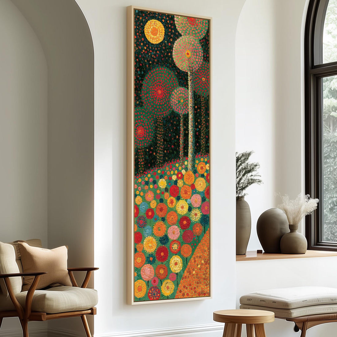 Moody dotted flower garden long vertical canvas print in a sunlit living space