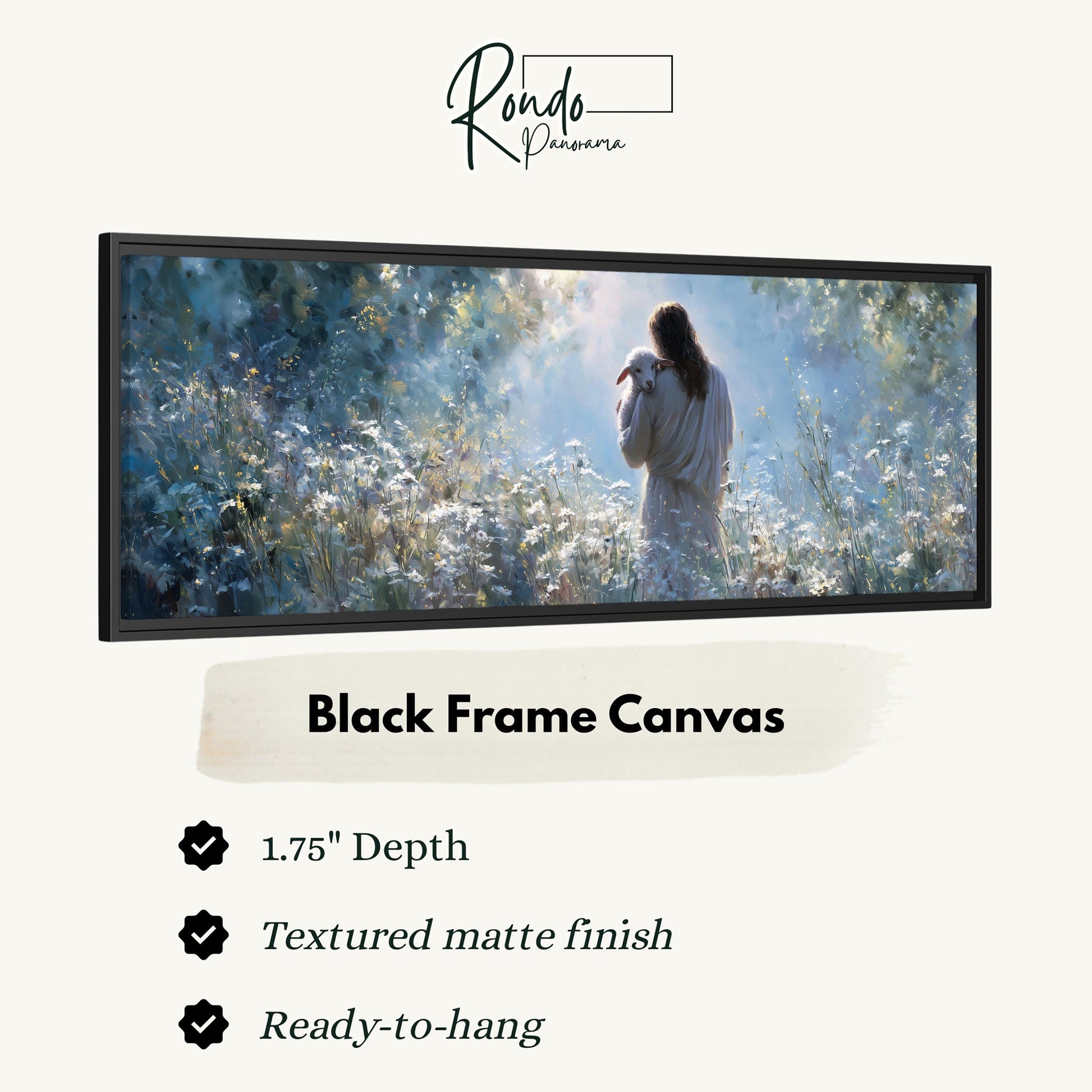 The image is a black frame canvas depicting a woman standing in a field of flowers, with a textured matte finish.