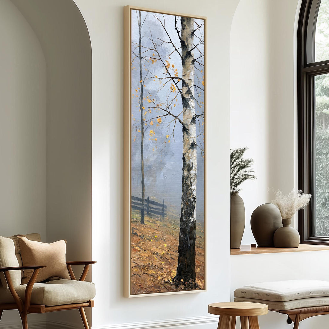 Autumn birch tree by a wooden fence long vertical canvas print in a sunlit living space