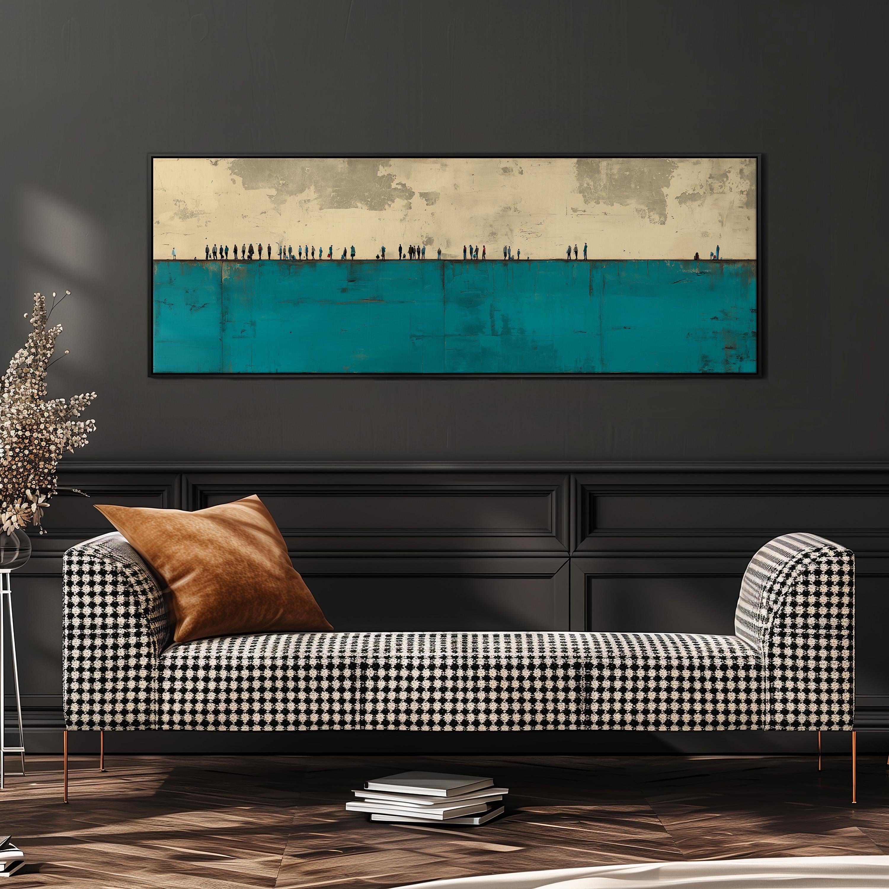 a modern living room with a black and white checkered sofa, a stack of books, and a large abstract painting on the wall.
