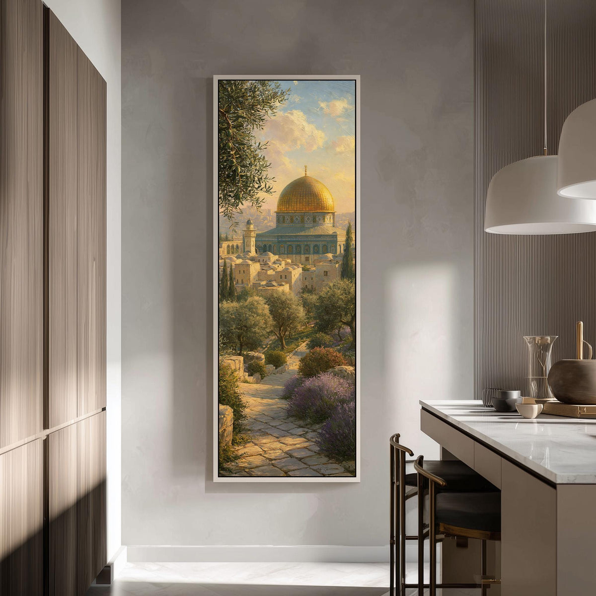 Garden path leading to the golden Dome of the Rock tall skinny canvas print in a modern kitchen