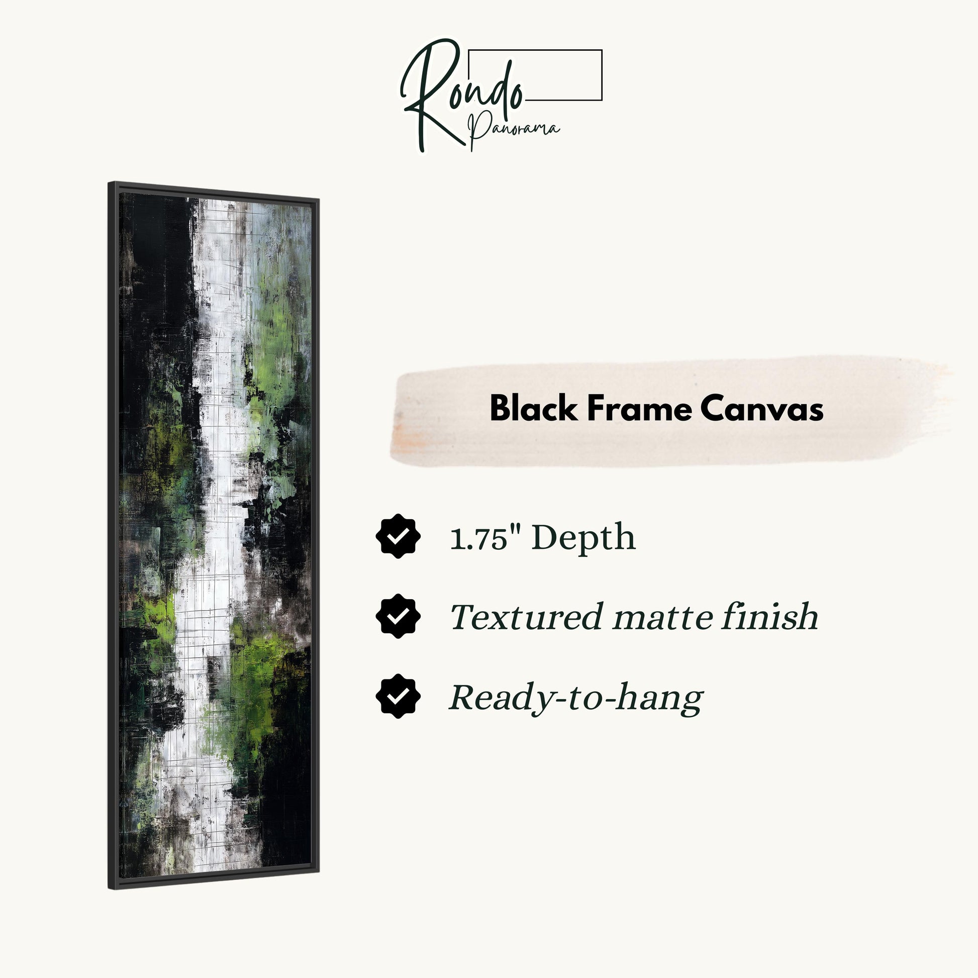 The image is a black frame canvas with a textured matte finish, 1.75" depth, and ready-to-hang.