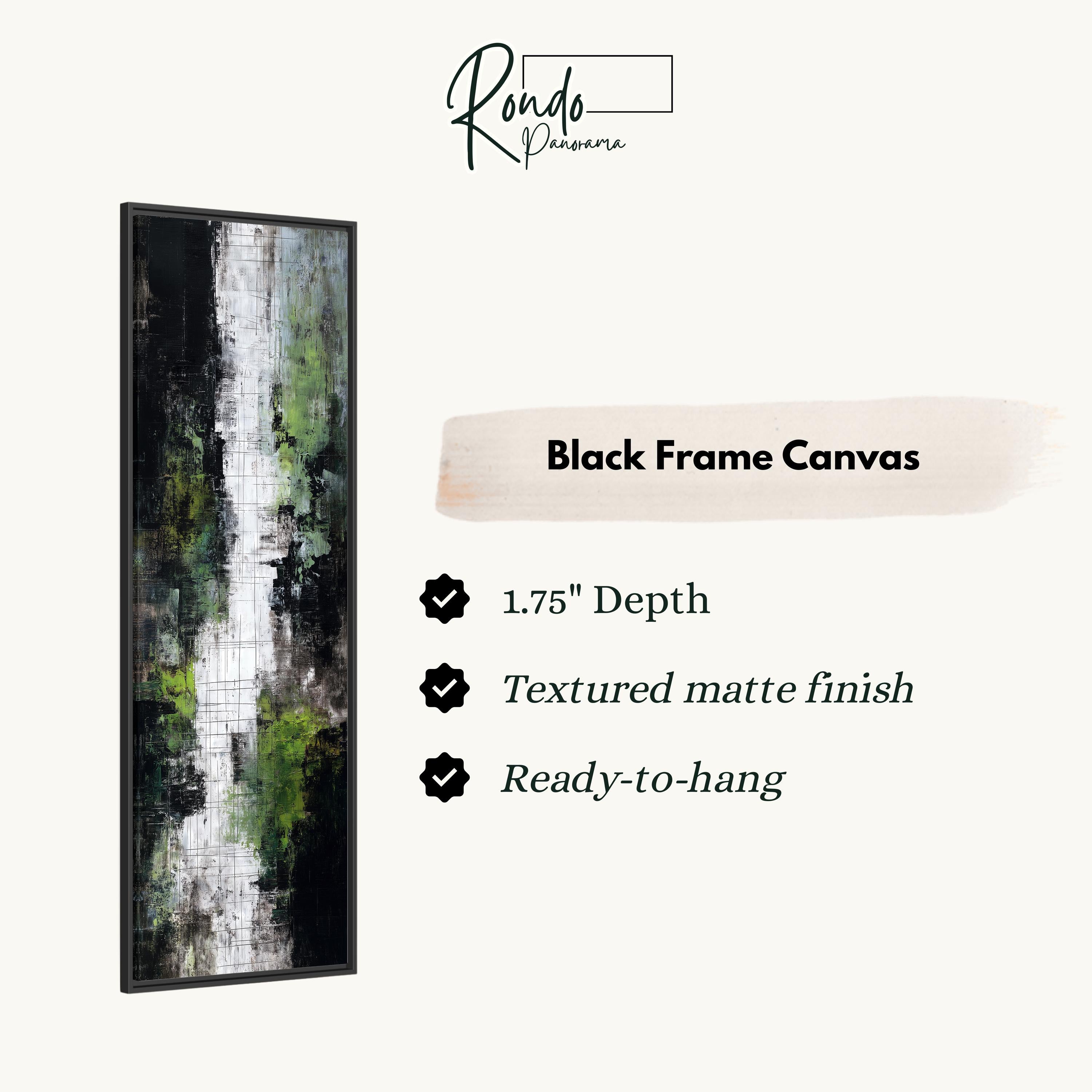 The image is a black frame canvas with a textured matte finish, 1.75" depth, and ready-to-hang.