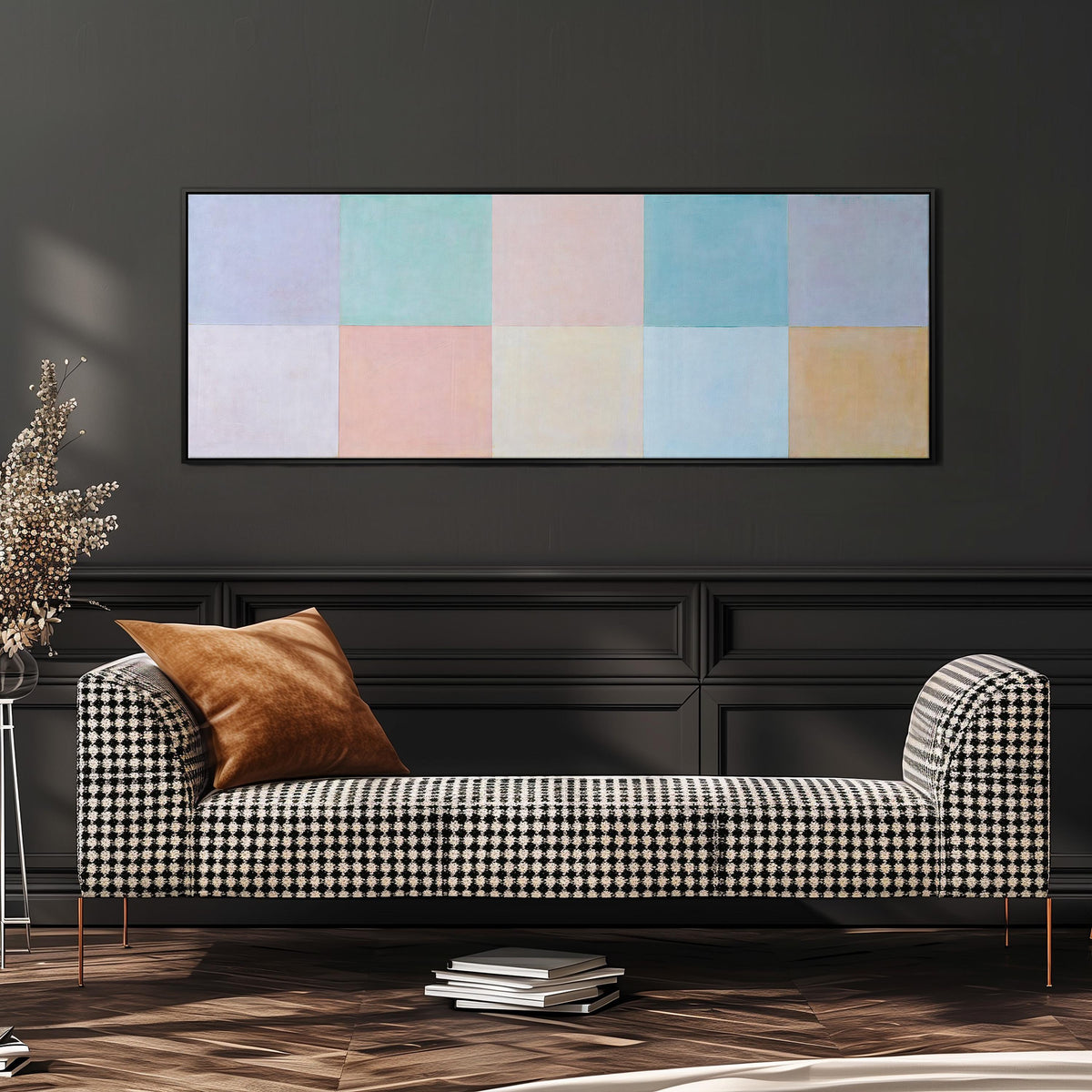 Pastel checkerboard grid wide panoramic canvas print above a bench in a dark living room