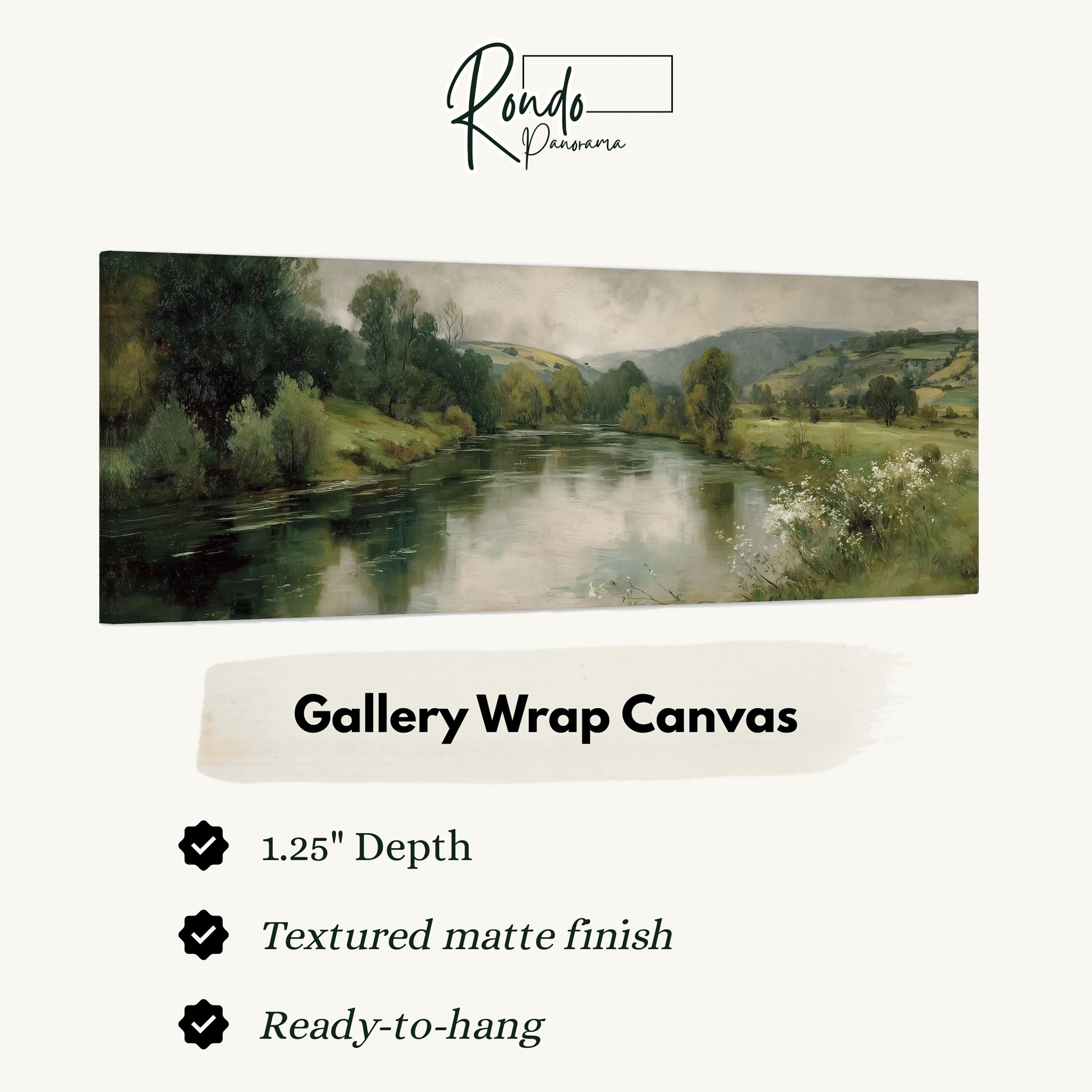 The image is a painting of a river flowing through a lush green landscape, with hills and trees in the background.