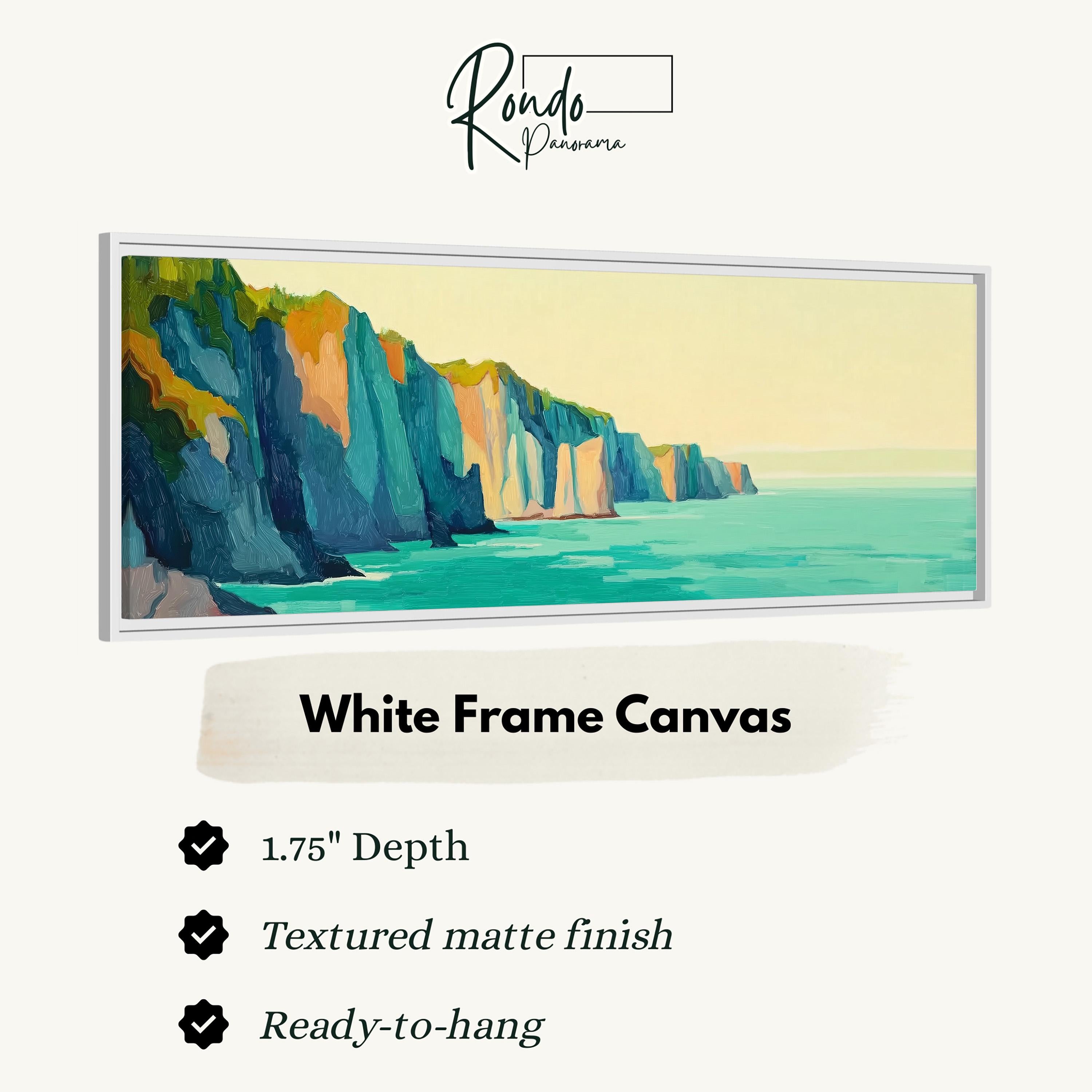 The image is a white frame canvas depicting a serene landscape with cliffs overlooking a body of water.