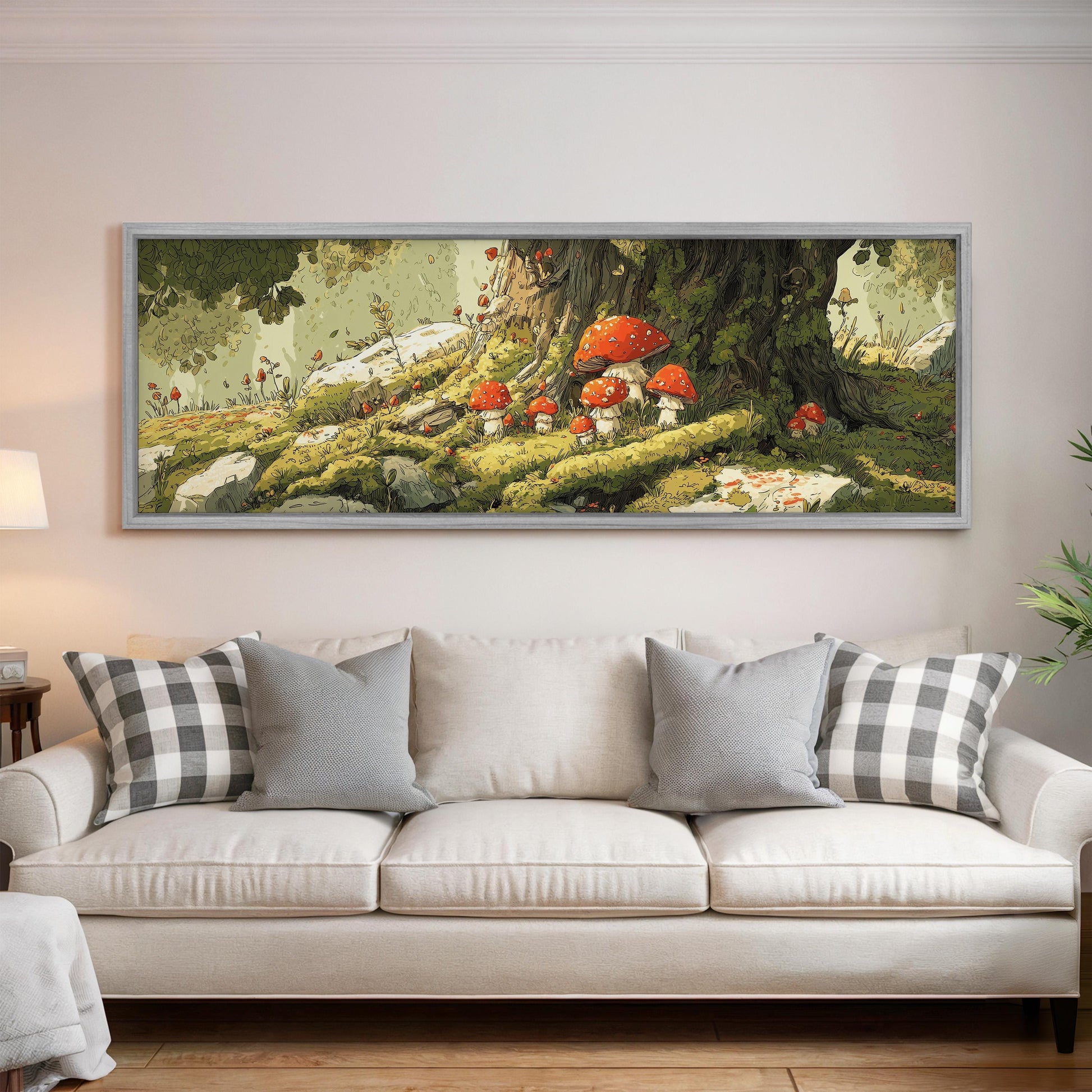 a large, framed painting of a forest scene with mushrooms hanging from the trees.