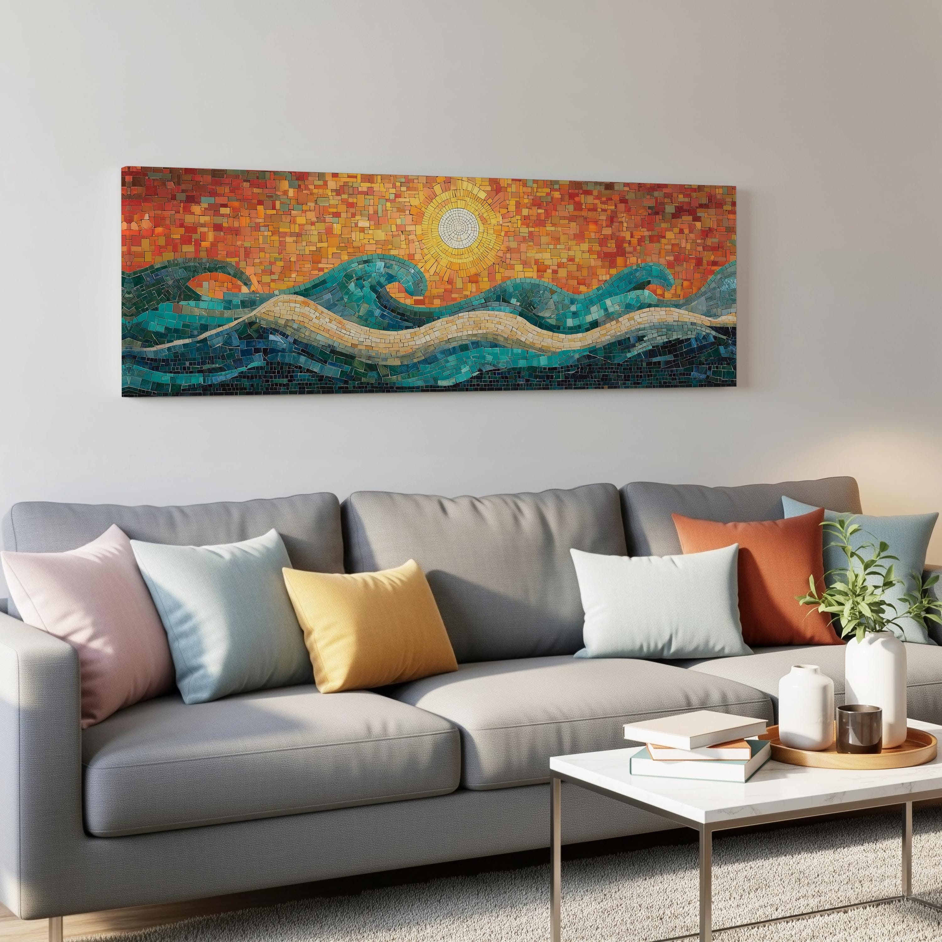 a large, colorful mosaic artwork depicting a seascape with waves and a sun in the background, hanging on a wall above a gray couch with colorful throw pillows.