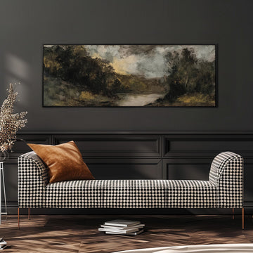 a black and white checkered sofa with a brown throw pillow, set against a dark wall with a large landscape painting hanging above it.