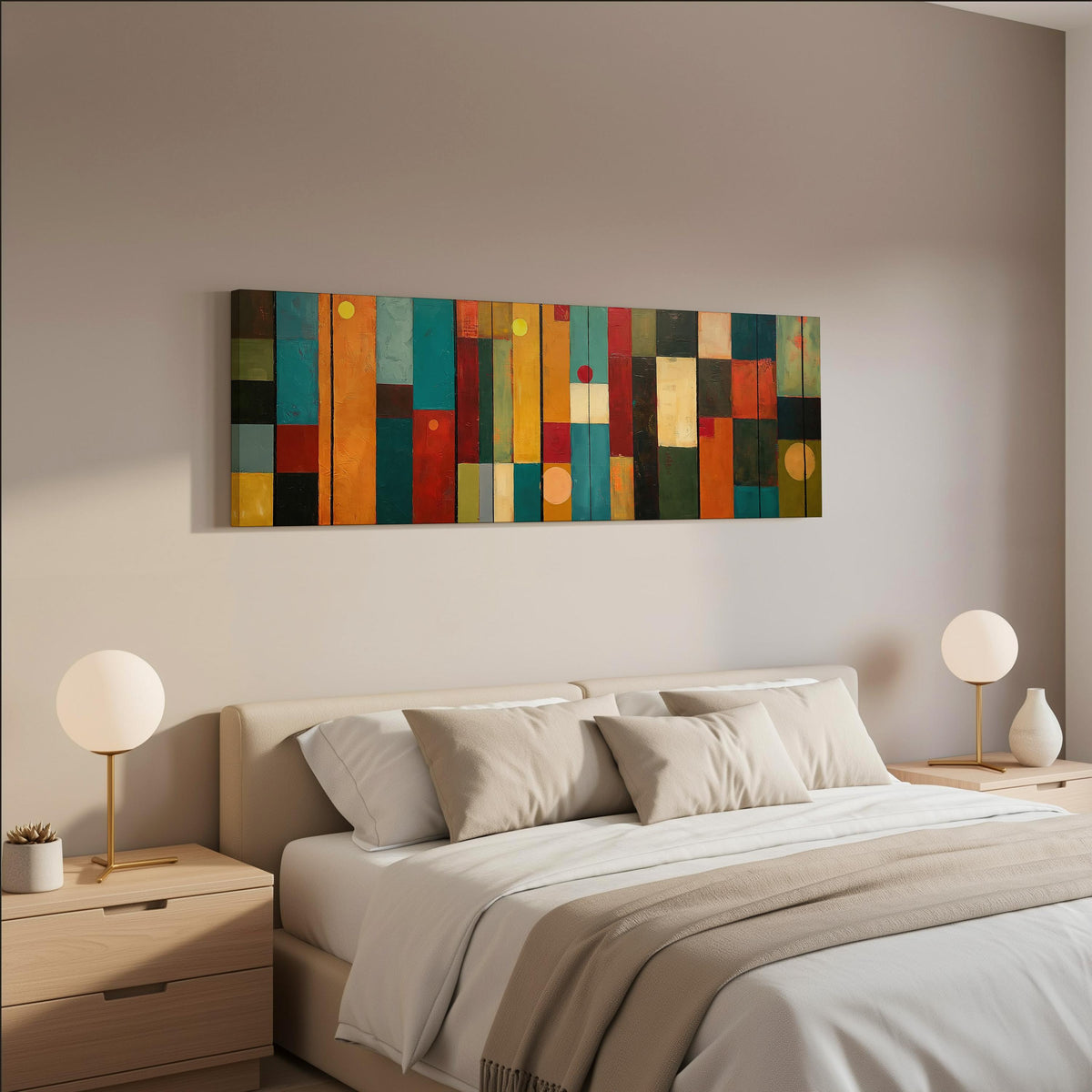 Color block panels with dots wide panoramic canvas print above a bed in a neutral bedroom