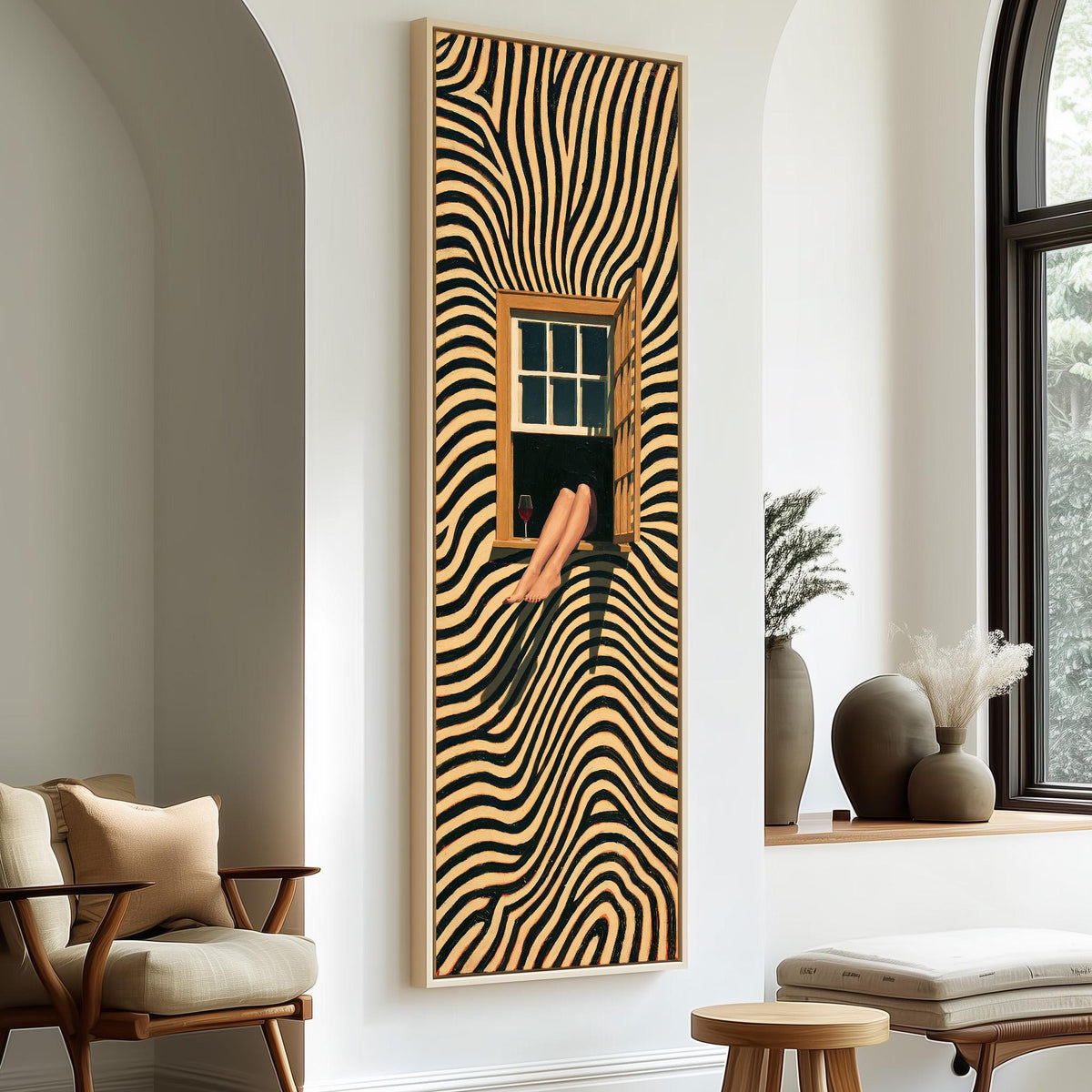 Woman sitting in a window on a swirling striped wall long vertical canvas print in a sunlit living space
