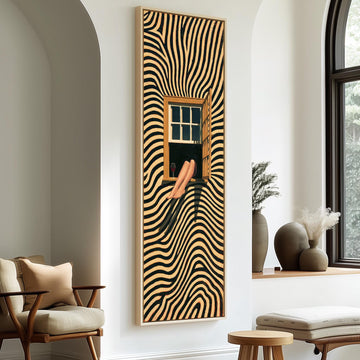 Woman sitting in a window on a swirling striped wall long vertical canvas print in a sunlit living space