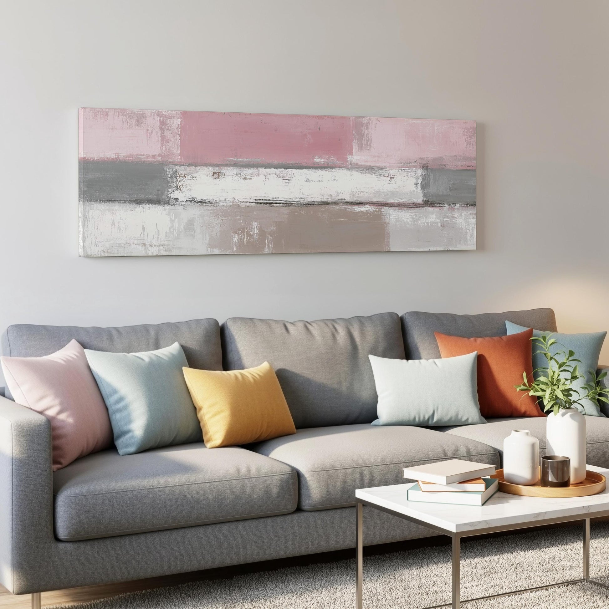 a modern living room with a gray sofa adorned with colorful throw pillows. Above the sofa, there is a large abstract painting in shades of pink and gray. In front of the sofa, there is a white coffee table with a stack of books and a small plant.