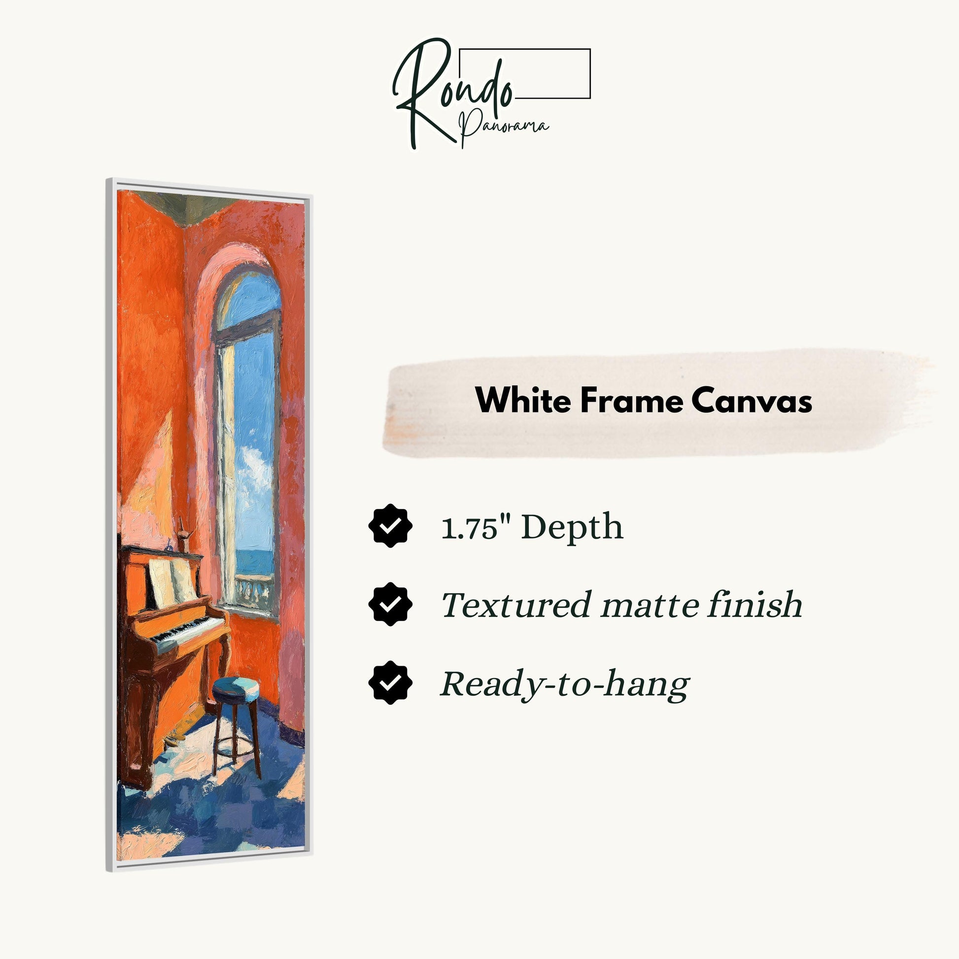 The image is a white frame canvas depicting a piano in a room with a window.