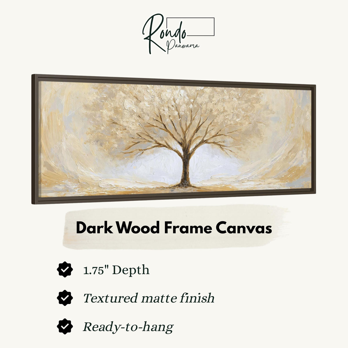 Golden winter tree canvas print in a dark wood floating frame