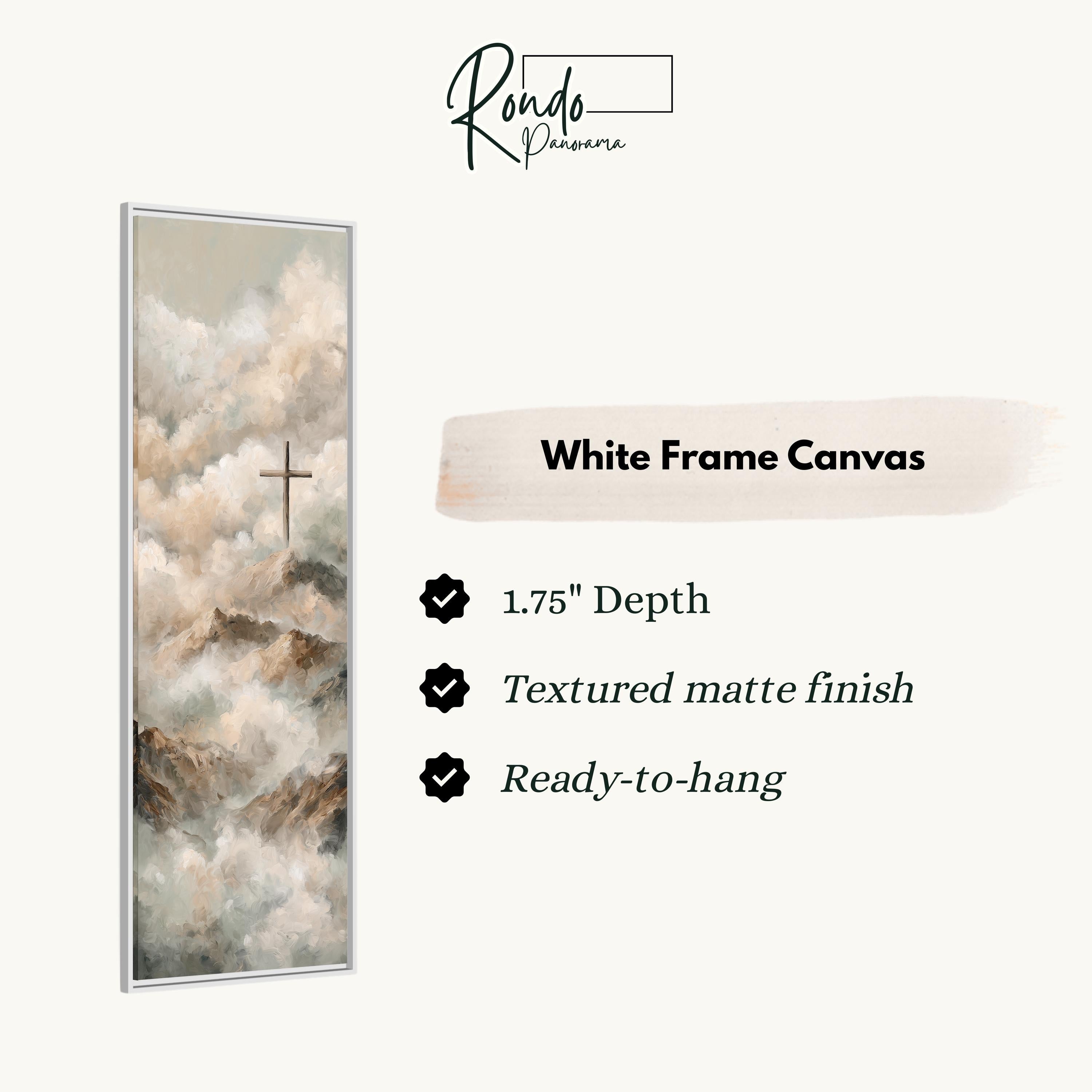 The image is a white frame canvas depicting a cross on a mountain landscape with clouds.