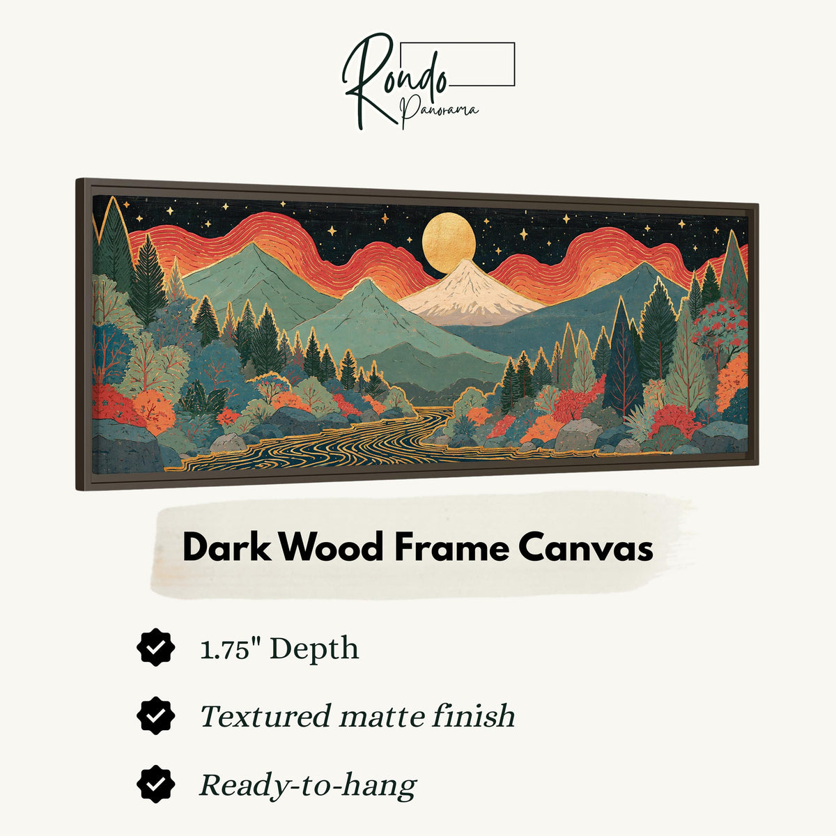 Mystic mountains under a moonrise canvas print in a dark wood floating frame