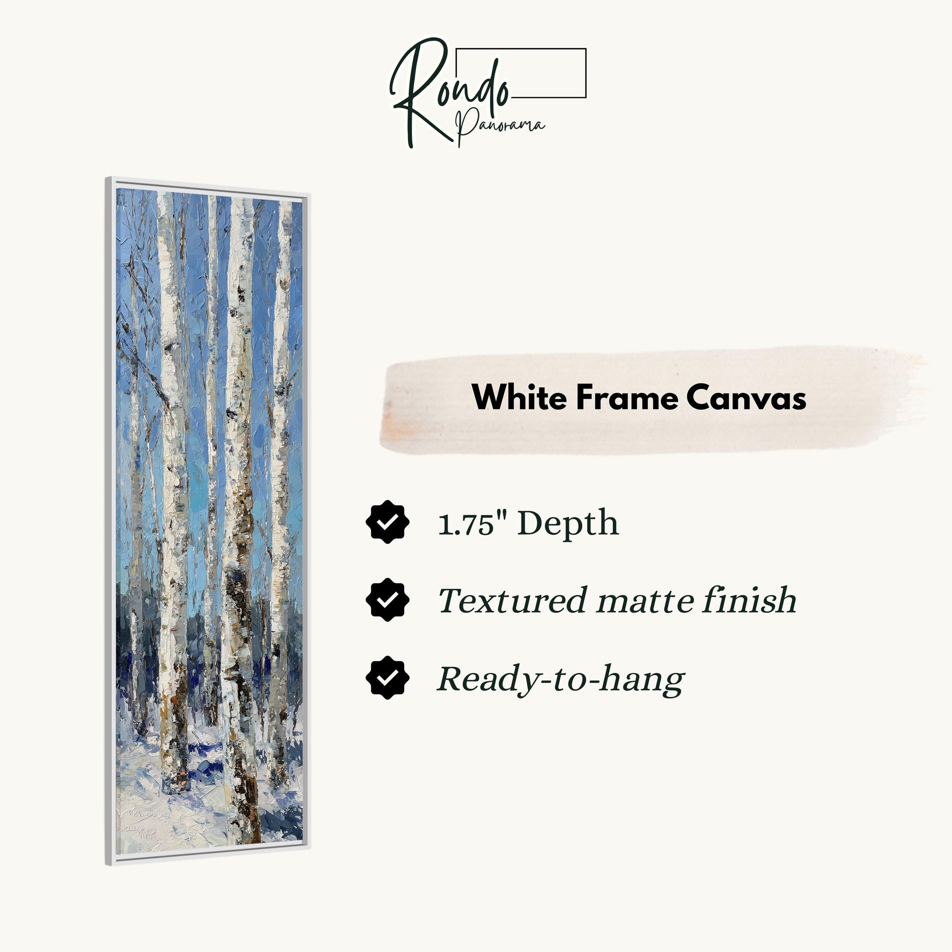 The image is a white frame canvas with a painting of a snowy forest scene.