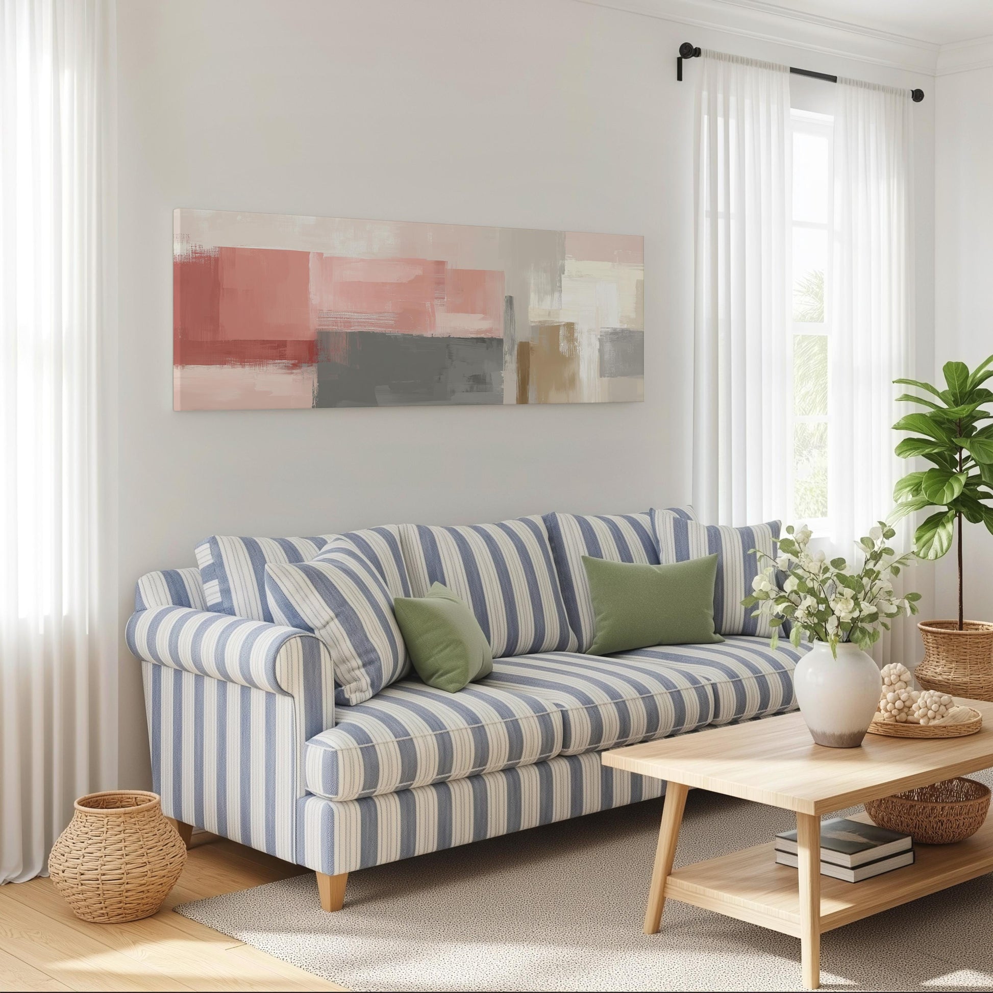 a cozy living room with a striped blue and white sofa, a wooden coffee table, and a large abstract painting on the wall.