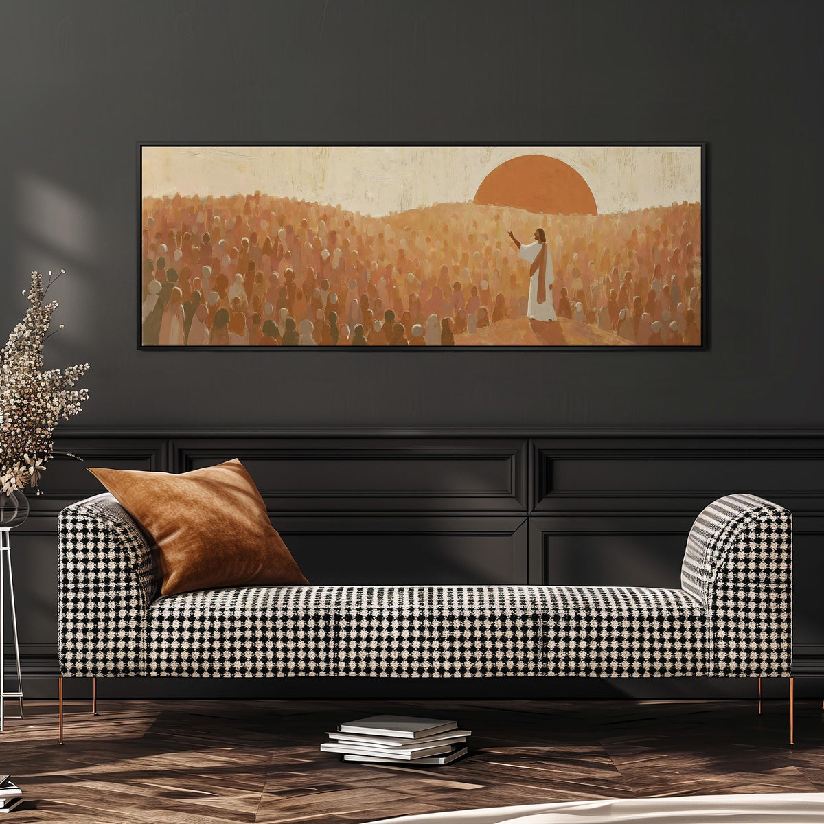 Jesus preaching to a crowd at sunset wide panoramic canvas print above a bench in a dark living room