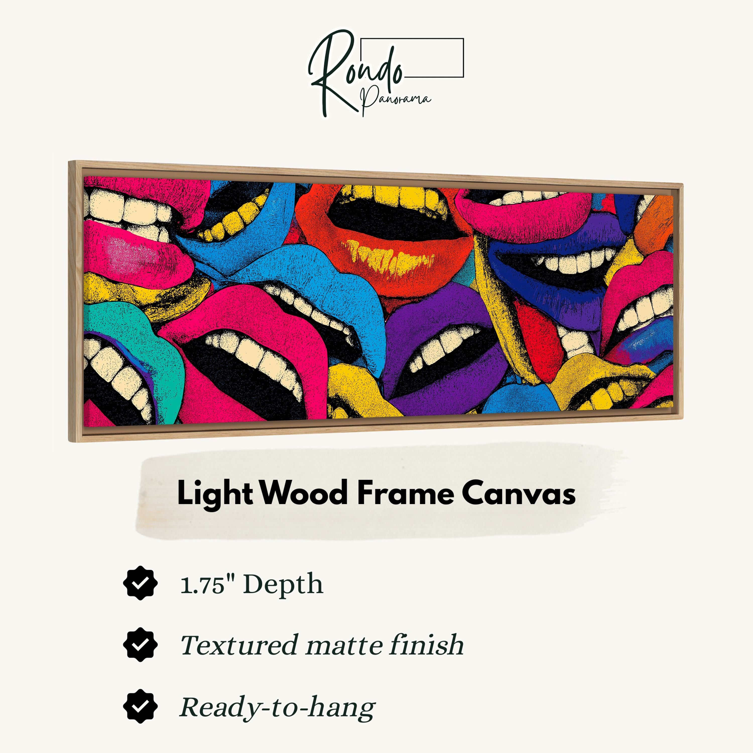 The image is a light wood frame canvas featuring a vibrant collage of colorful lips in various shades of pink, blue, yellow, and purple.