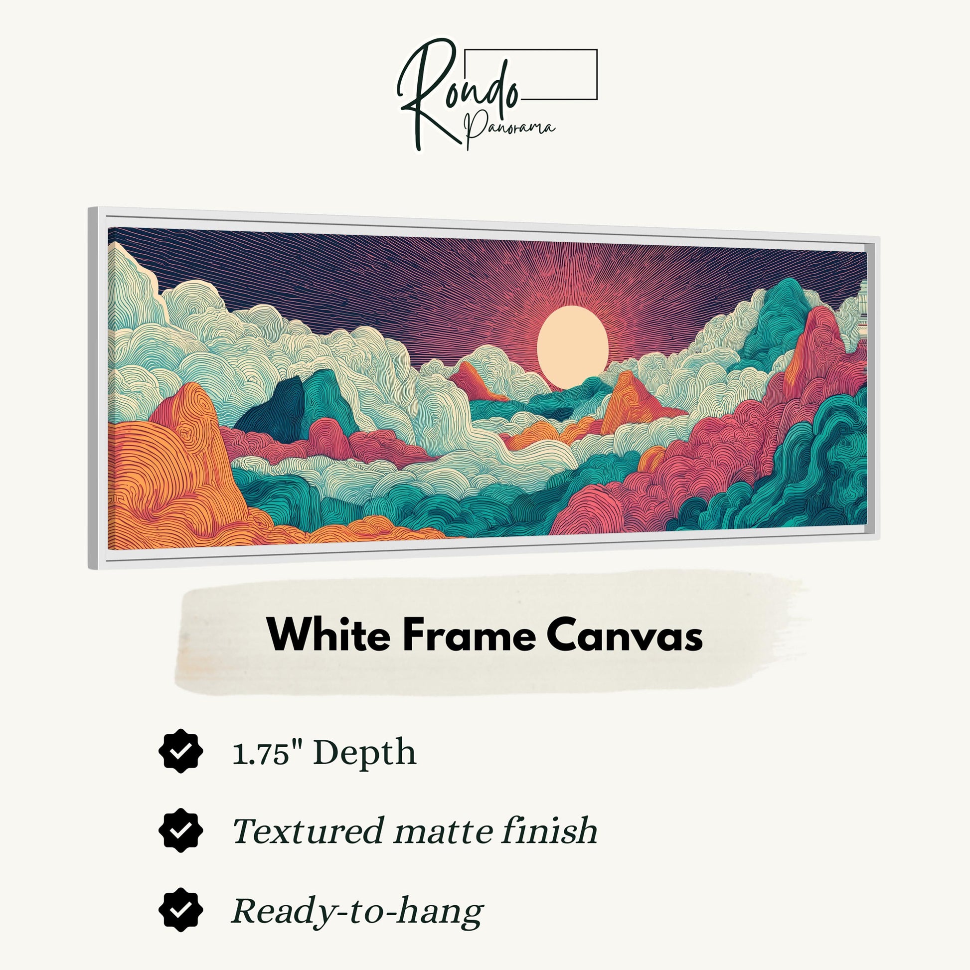 The image is a white frame canvas depicting a landscape with mountains, clouds, and a sunset.